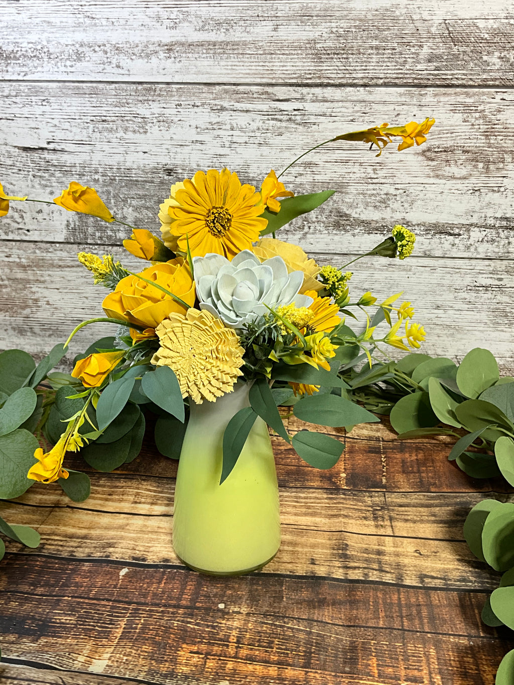Sola Wood Flower Arrangement in Lime Green Ceramic Vase