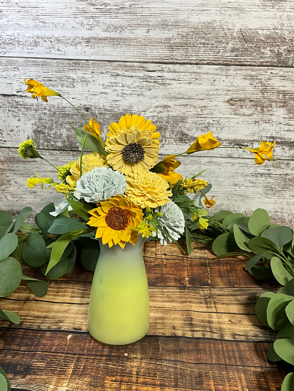 Sola Wood Flower Arrangement in Lime Green Ceramic Vase