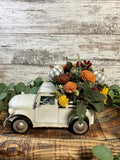 Vintage White Farm Truck with Fall Sola Wood Flowers