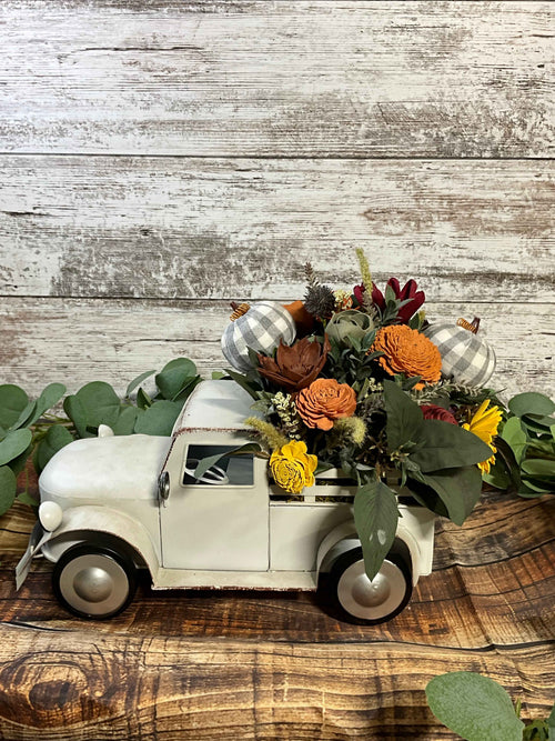 Charming Vintage White Farm Truck Decor with Fall Sola Wood Flowers for Cozy Spaces - Joni’s Sola Ever After, LLC