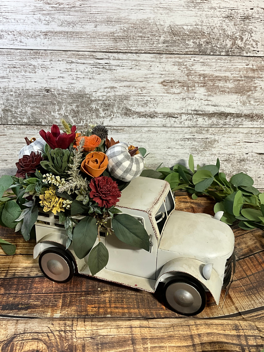 Vintage White Farm Truck with Fall Sola Wood Flowers