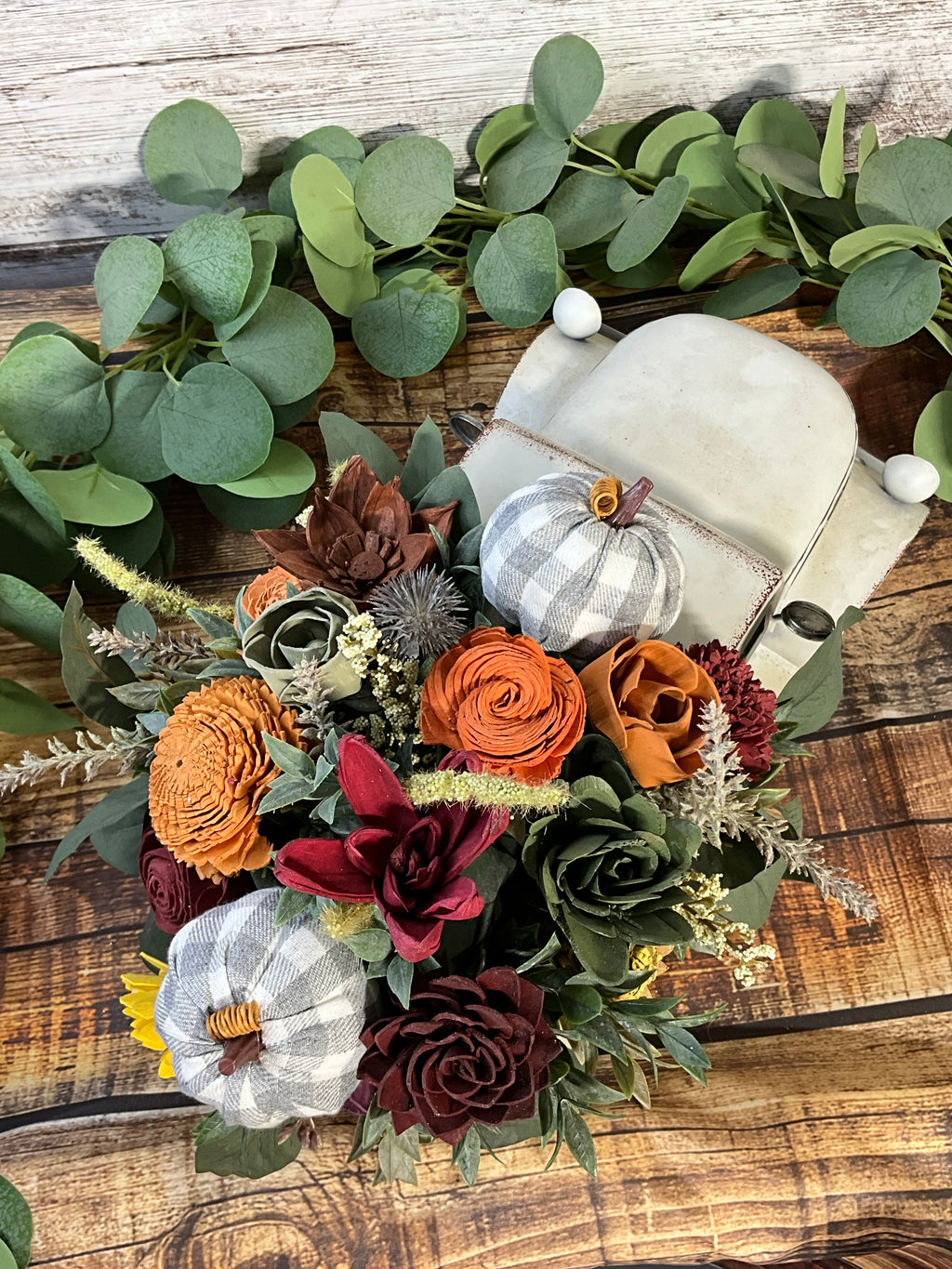 Vintage White Farm Truck with Fall Sola Wood Flowers