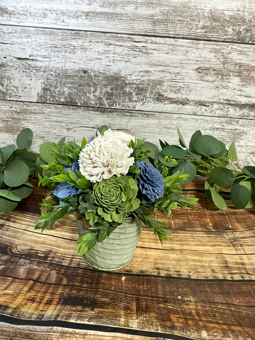 Sola Wood Flower Arrangement, Blue & White Coastal Centerpiece - Joni’s Sola Ever After, LLC