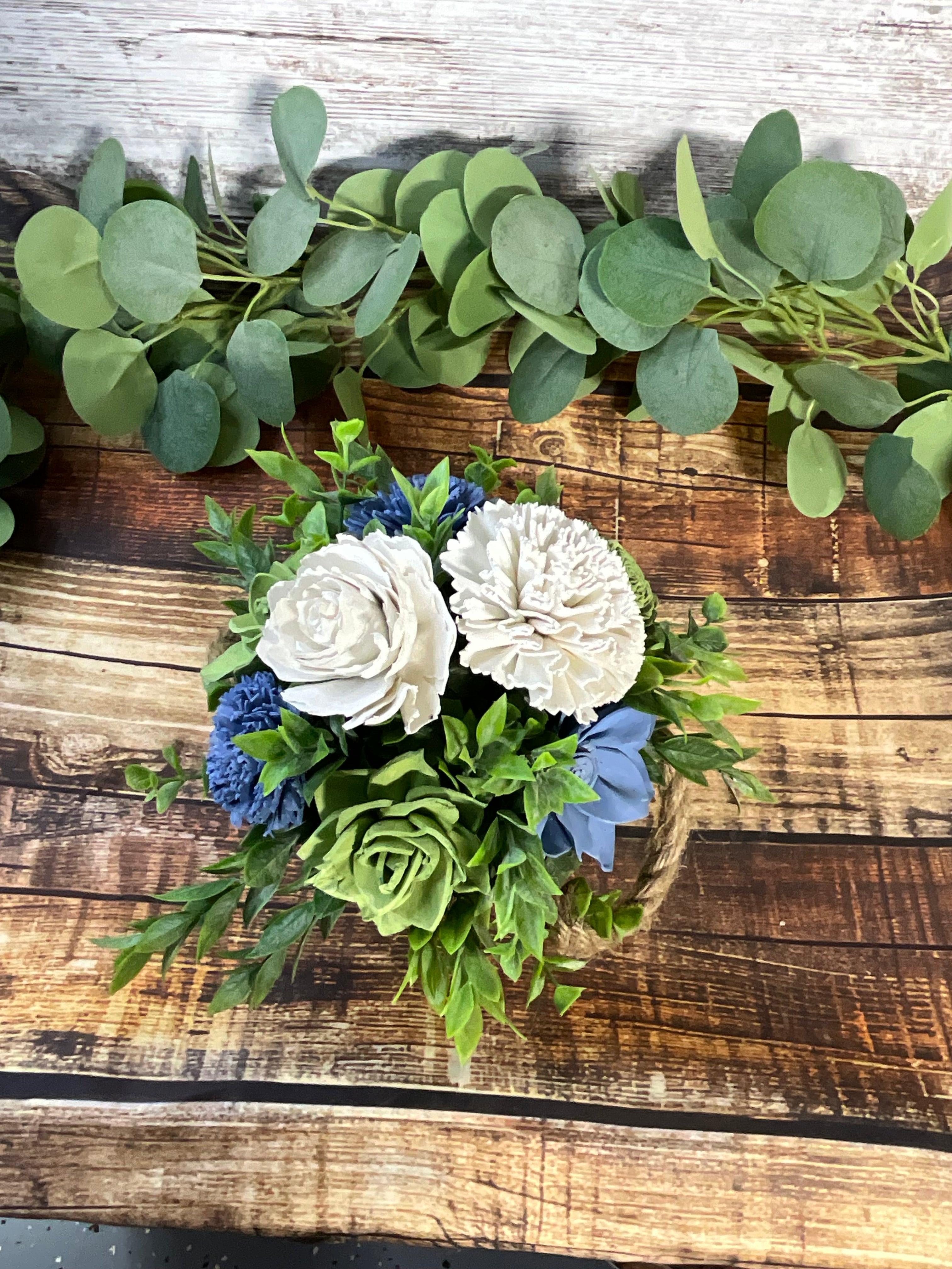 Sola Wood Flower Arrangement, Blue & White Coastal Centerpiece
