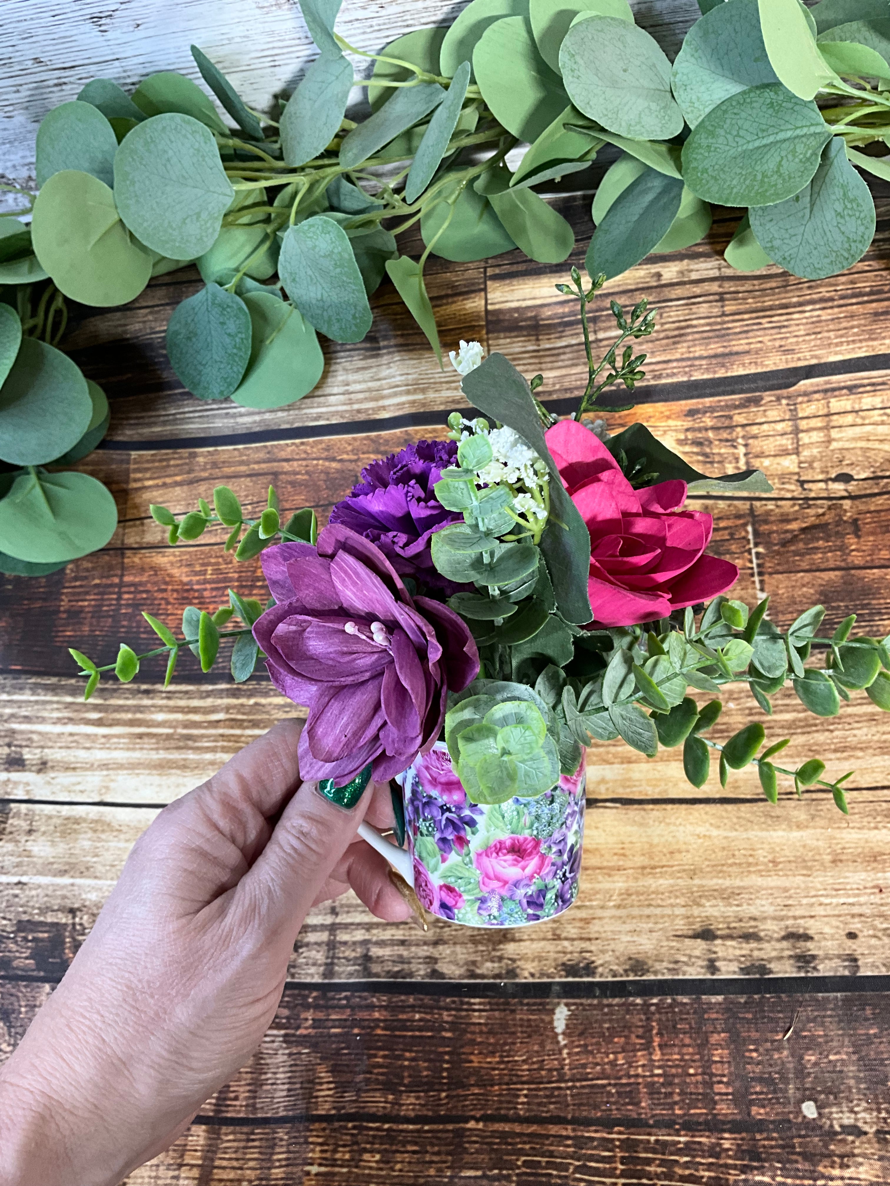 Jewel-Toned Sola Wood Flower Arrangement in Floral Mug