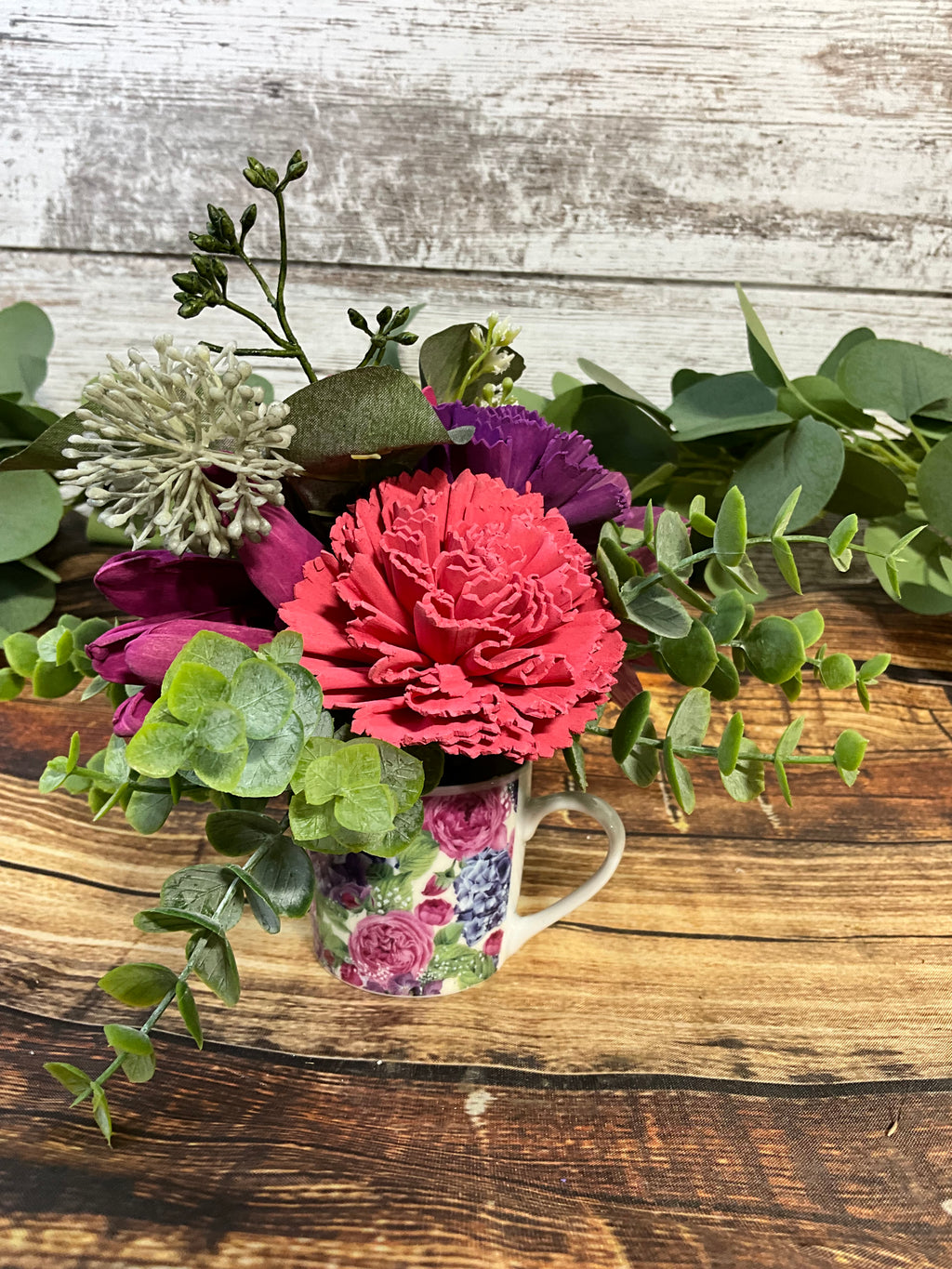 Jewel-Toned Sola Wood Flower Arrangement in Floral Mug