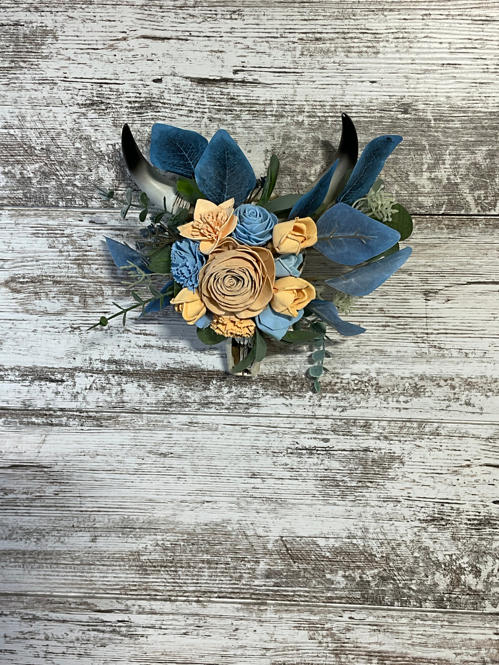 Rustic Blue & Peach Bull Skull Arrangement