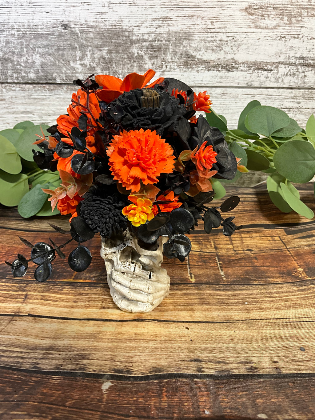 Speak No Evil - Black & Orange Halloween Sola Wood Skull Arrangement