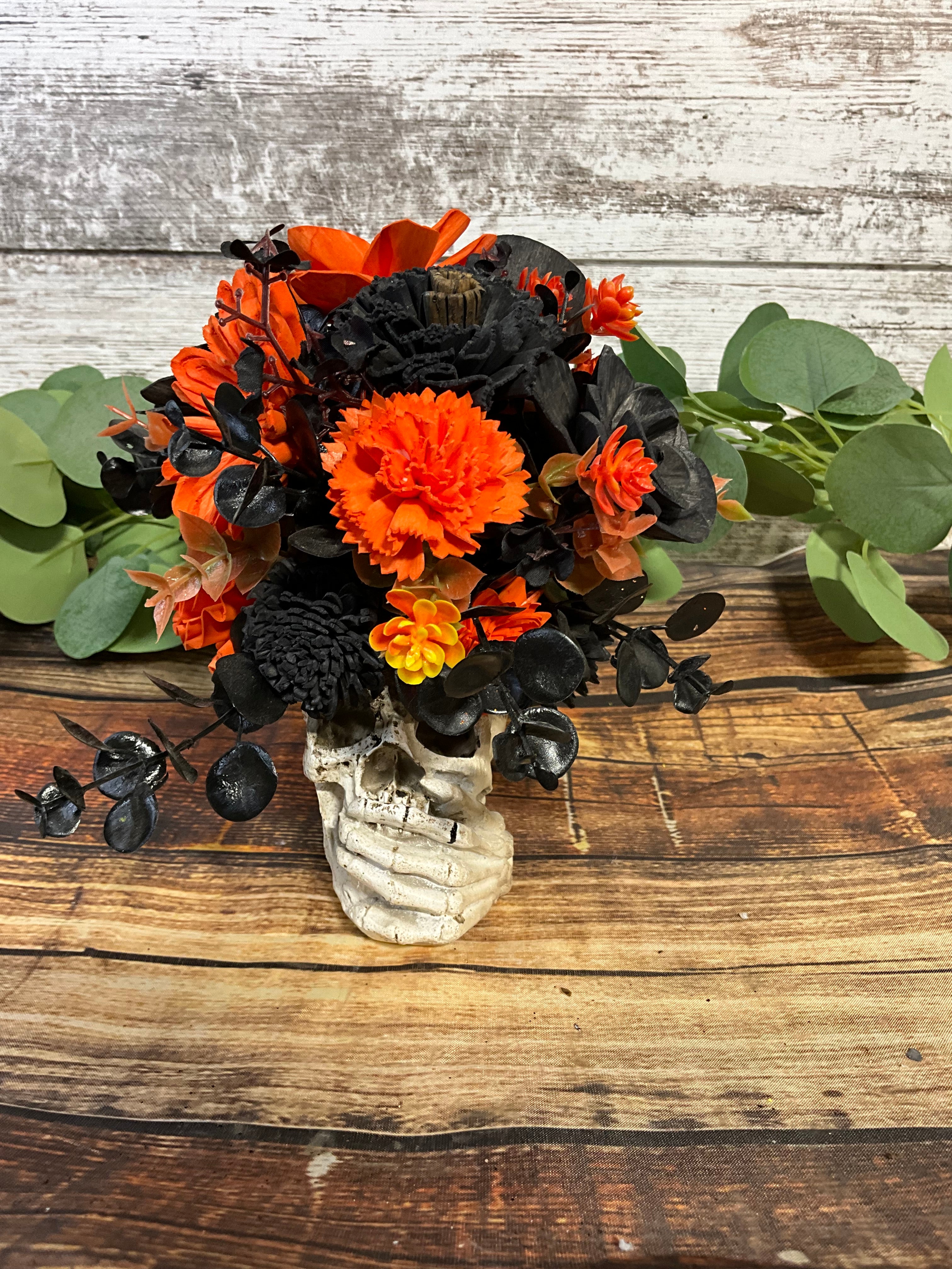 Speak No Evil - Black & Orange Halloween Sola Wood Skull Arrangement