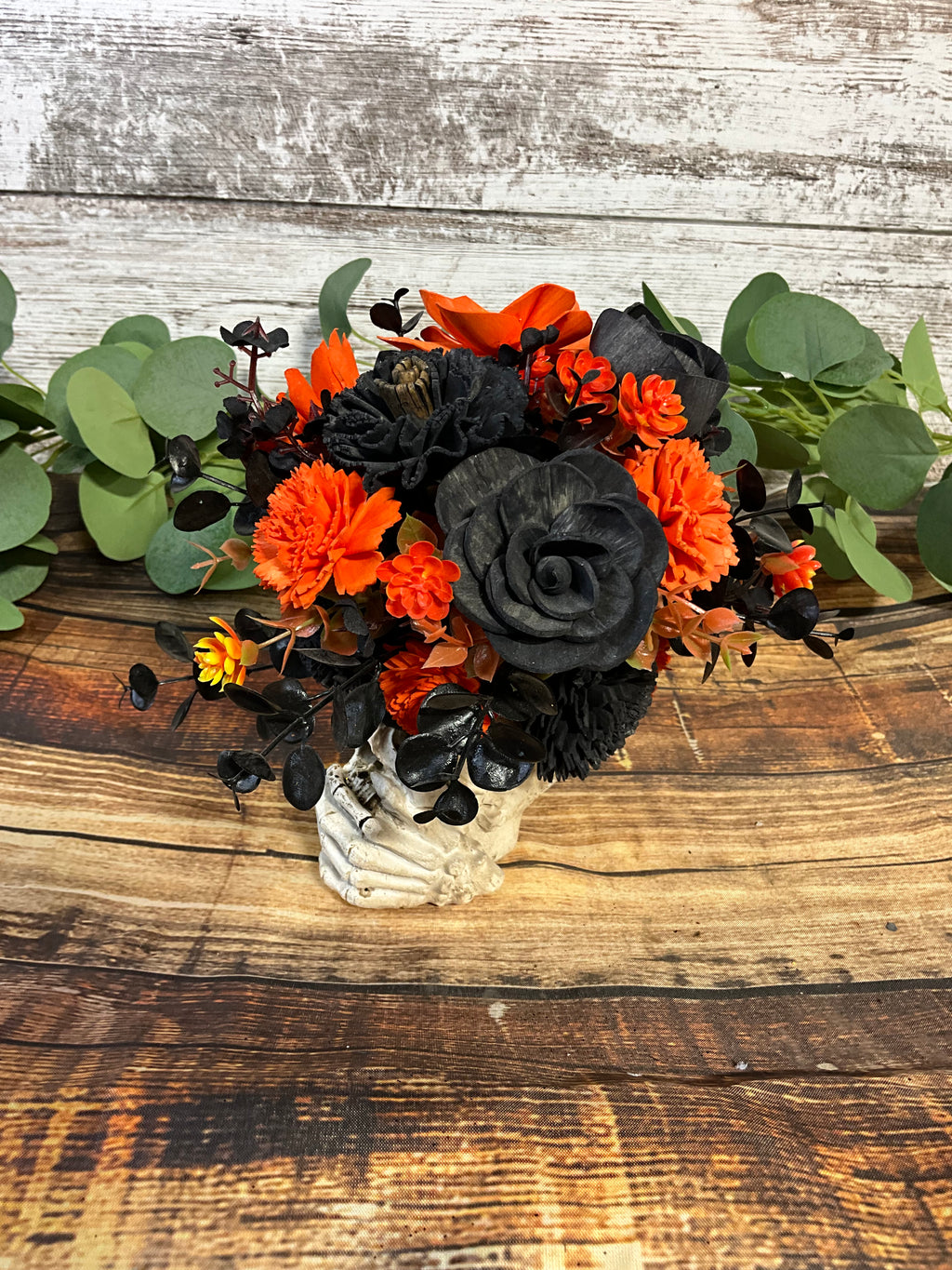 Speak No Evil - Black & Orange Halloween Sola Wood Skull Arrangement
