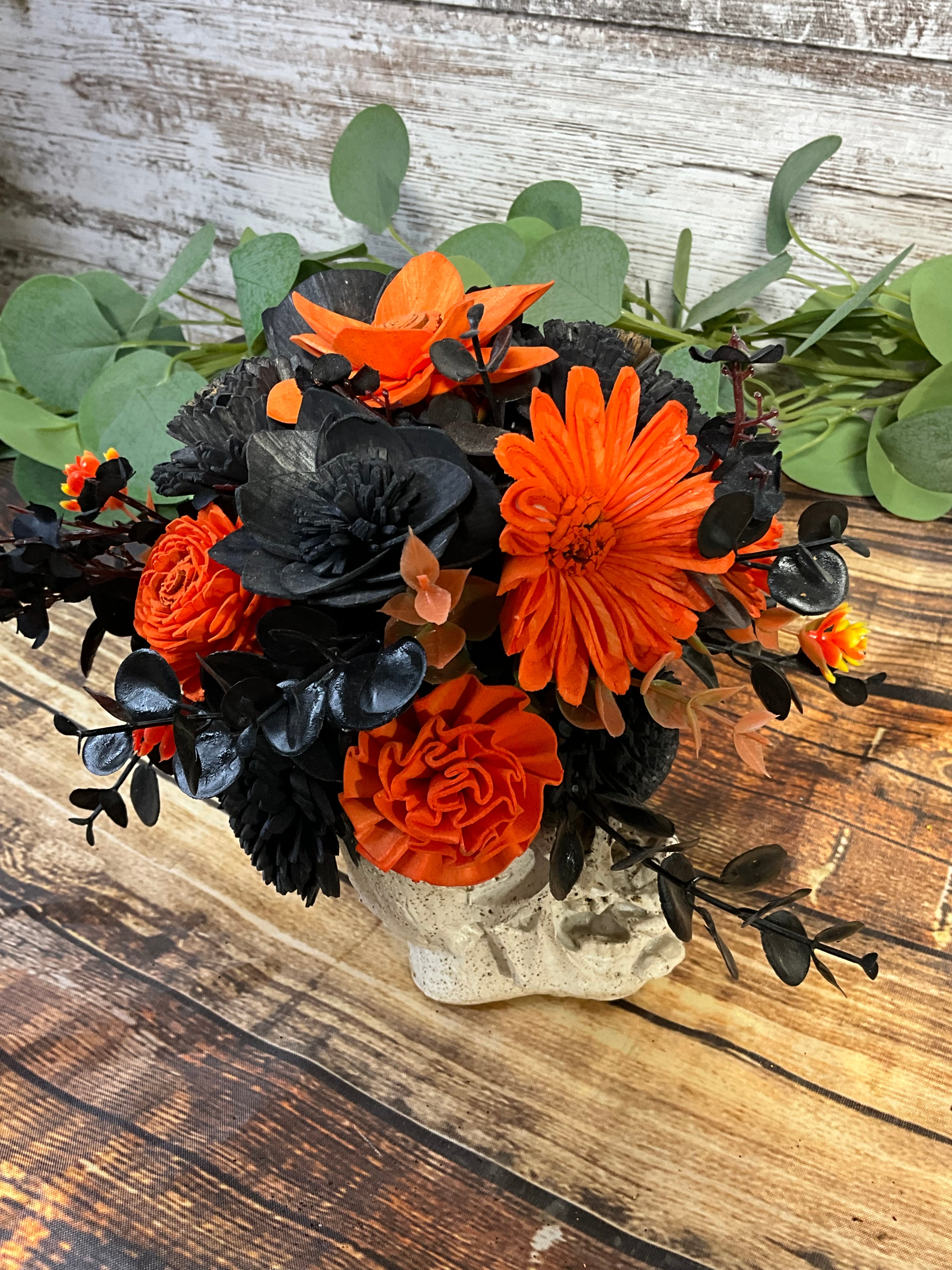 Speak No Evil - Black & Orange Halloween Sola Wood Skull Arrangement