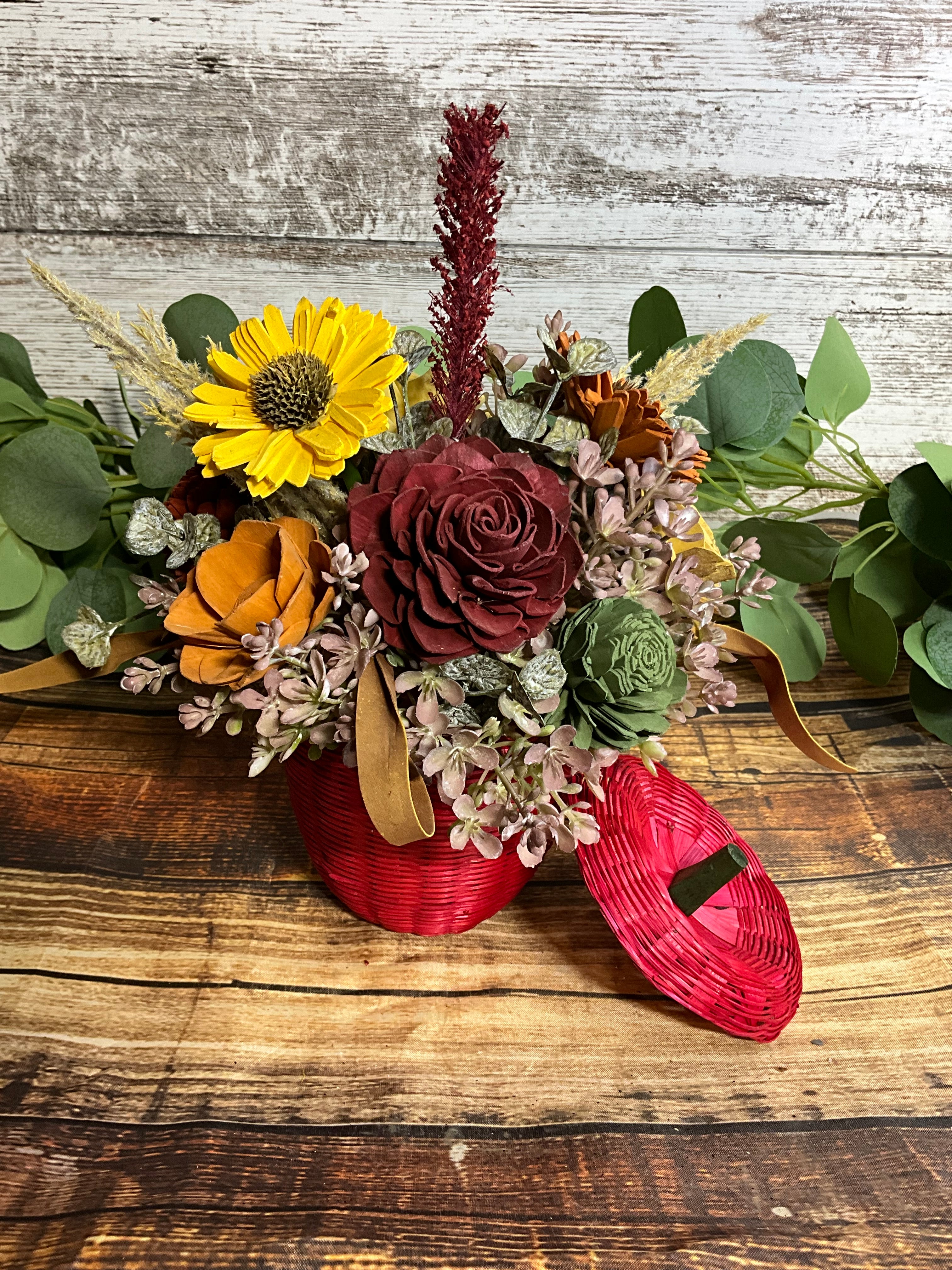 Harvest Apple - Autumn Sola Wood Flower Arrangement in Wicker Apple