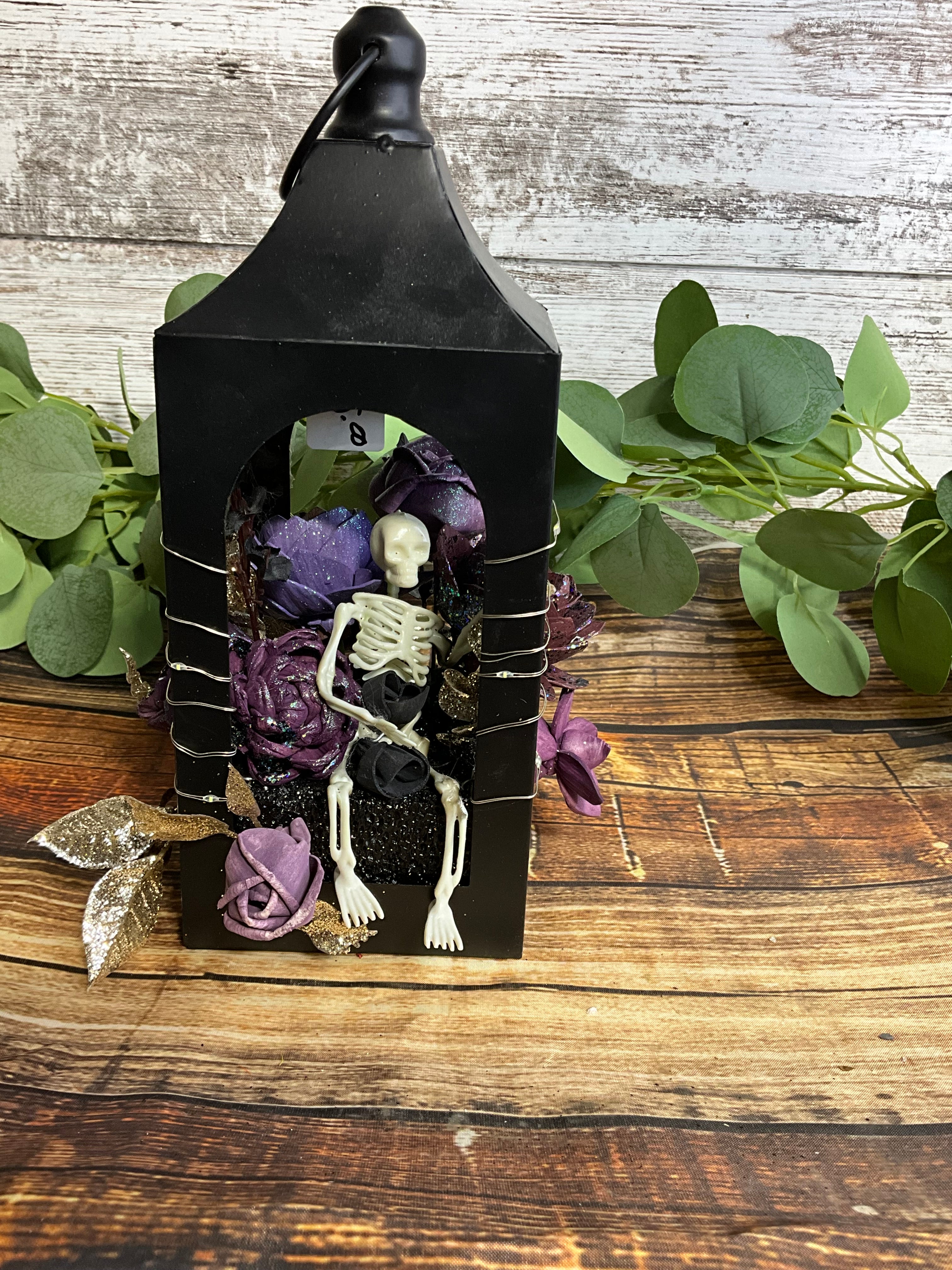 Haunted Lantern - Gothic Skeleton & Purple Roses