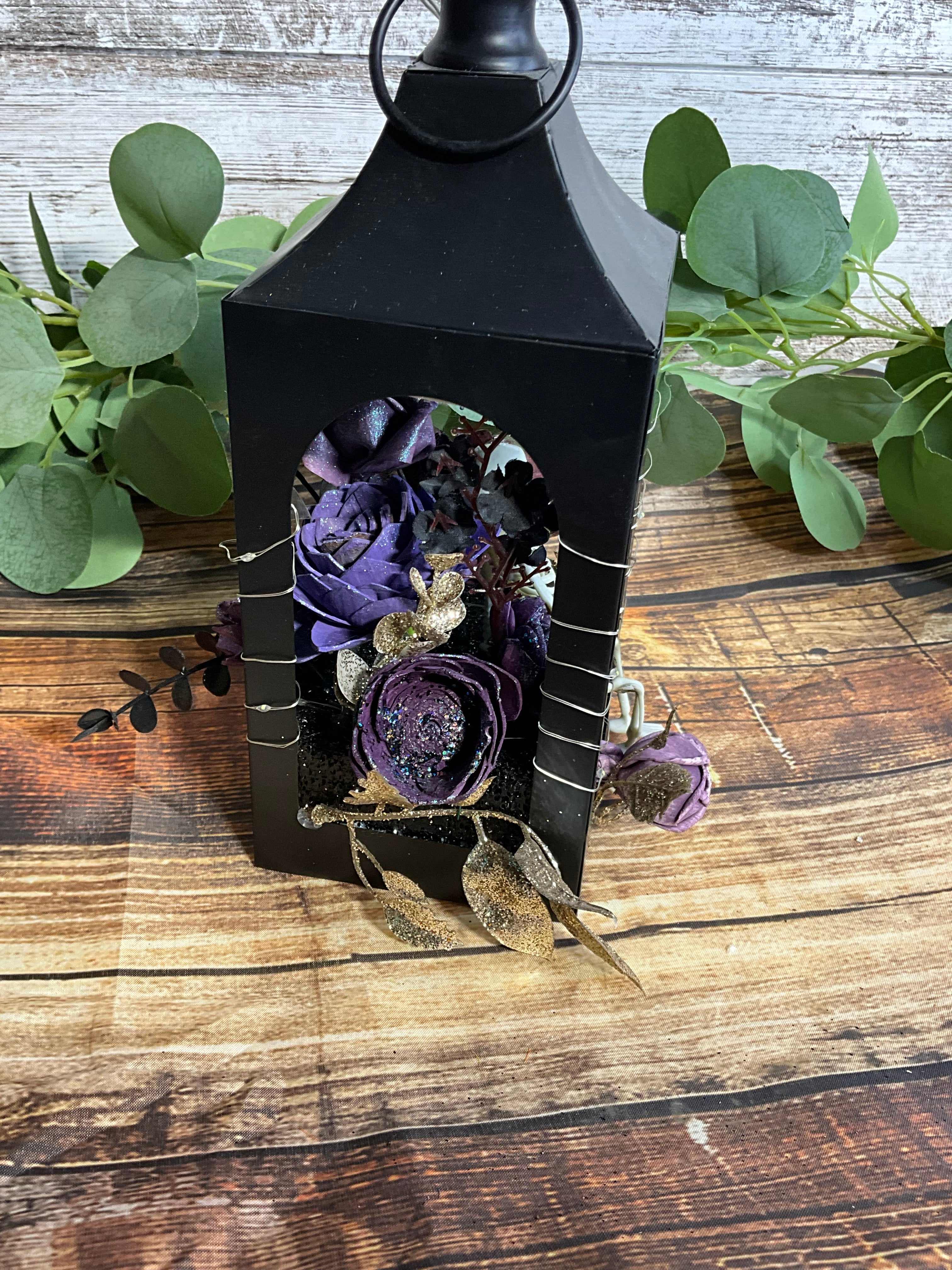 Haunted Lantern - Gothic Skeleton & Purple Roses