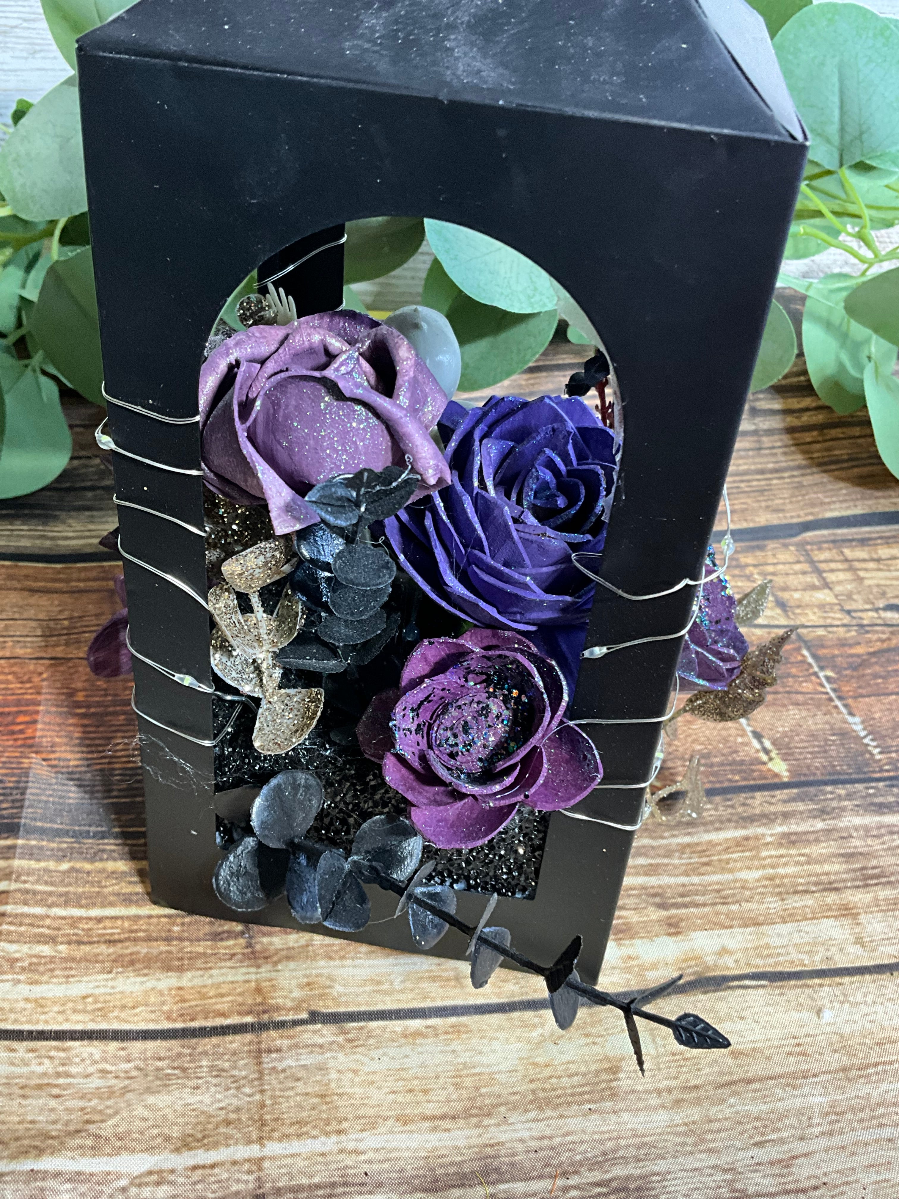 Haunted Lantern - Gothic Skeleton & Purple Roses