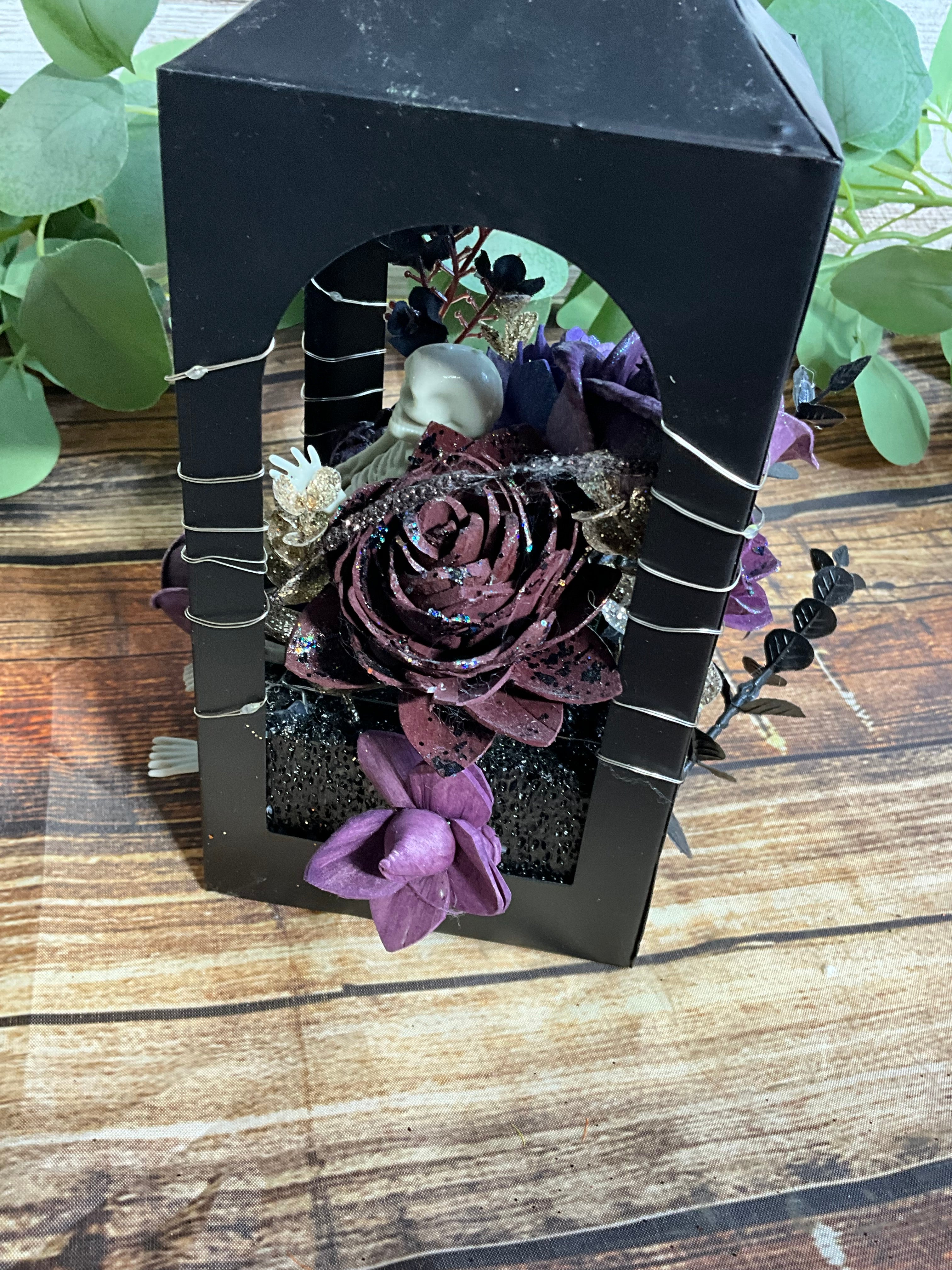 Haunted Lantern - Gothic Skeleton & Purple Roses