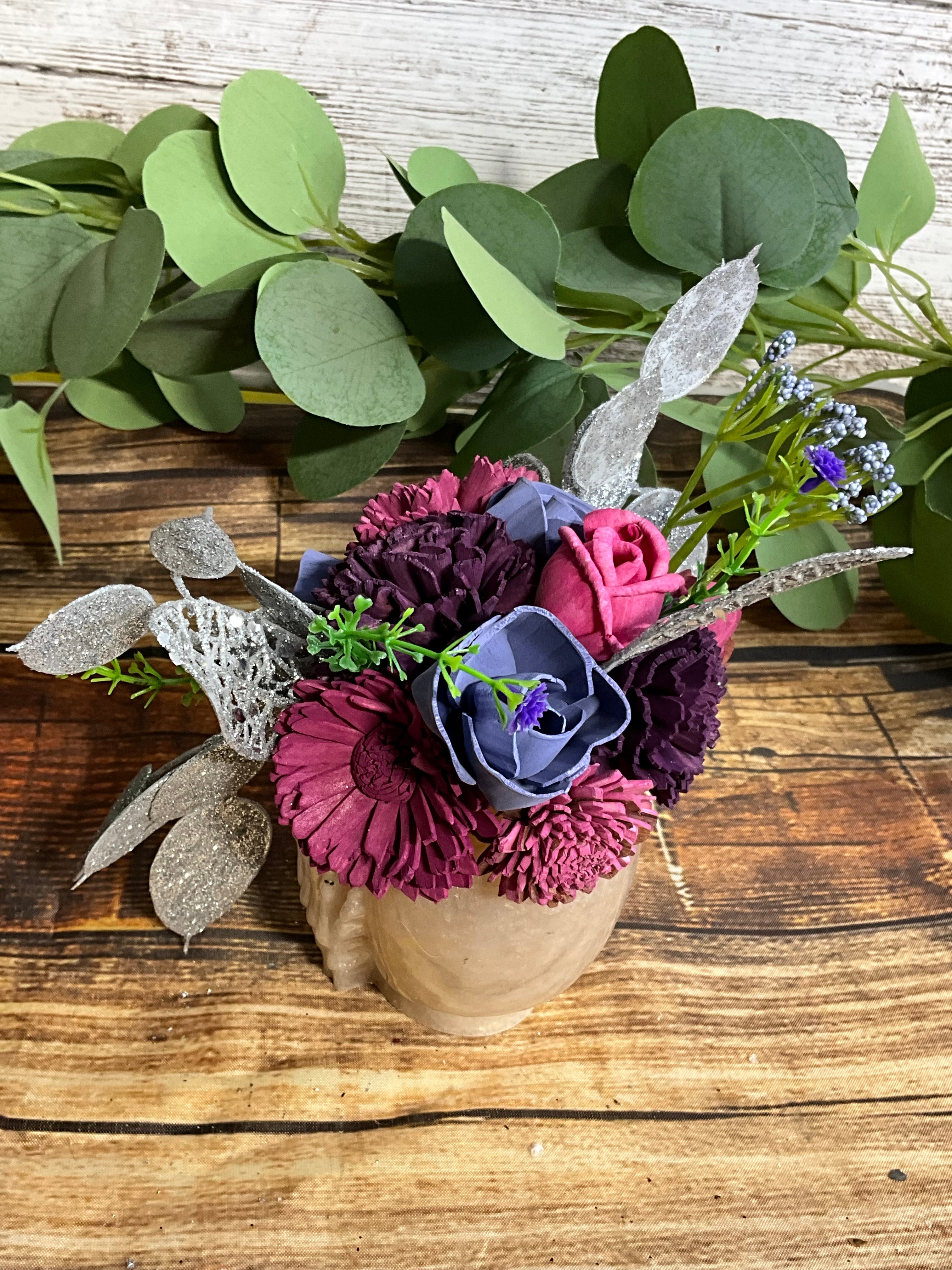 Gothic Glam Sola Wood Flower Arrangement in Skull Planter