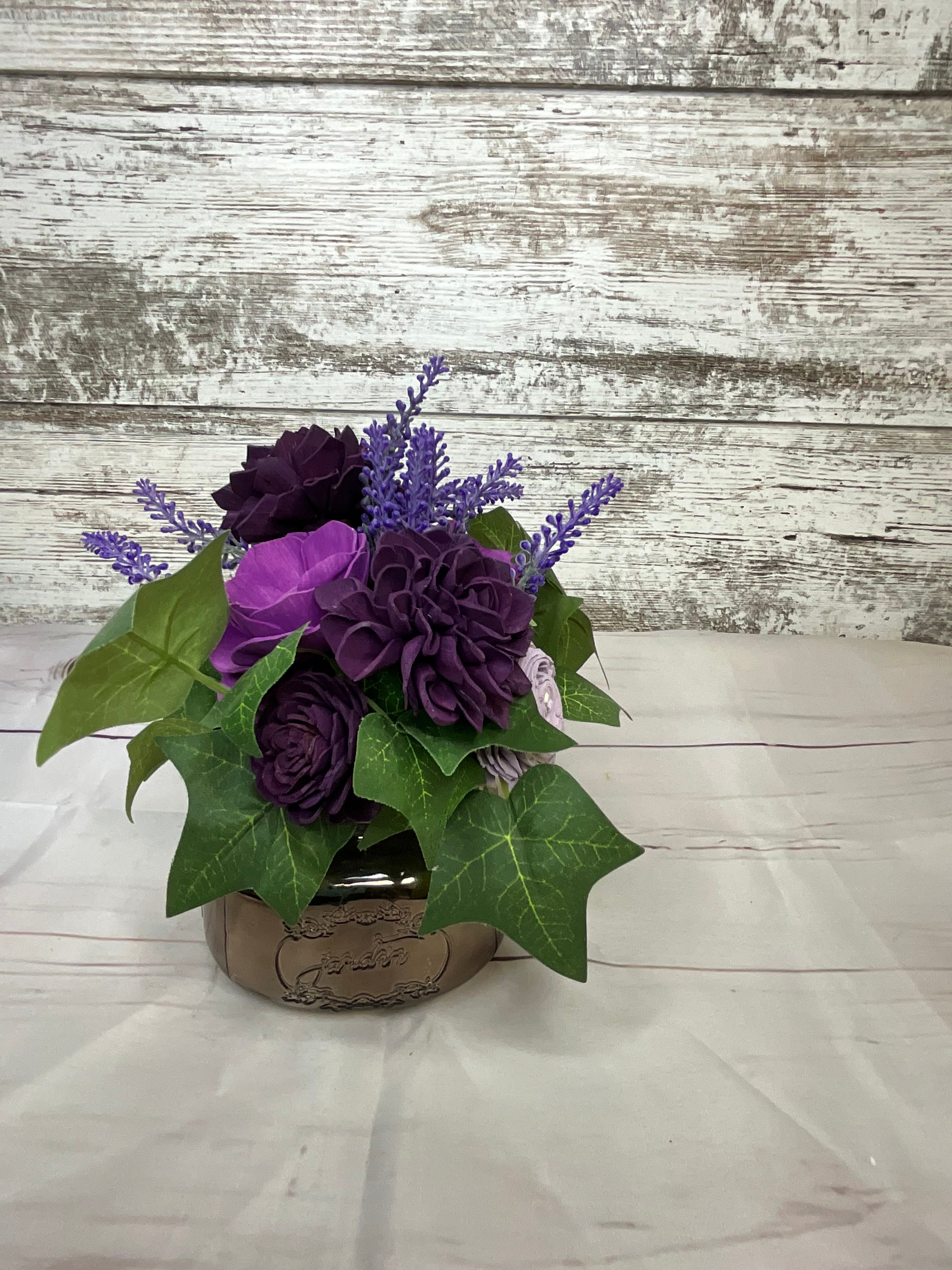 Purple Haze Sola Wood Flower Arrangement in Vintage Jar