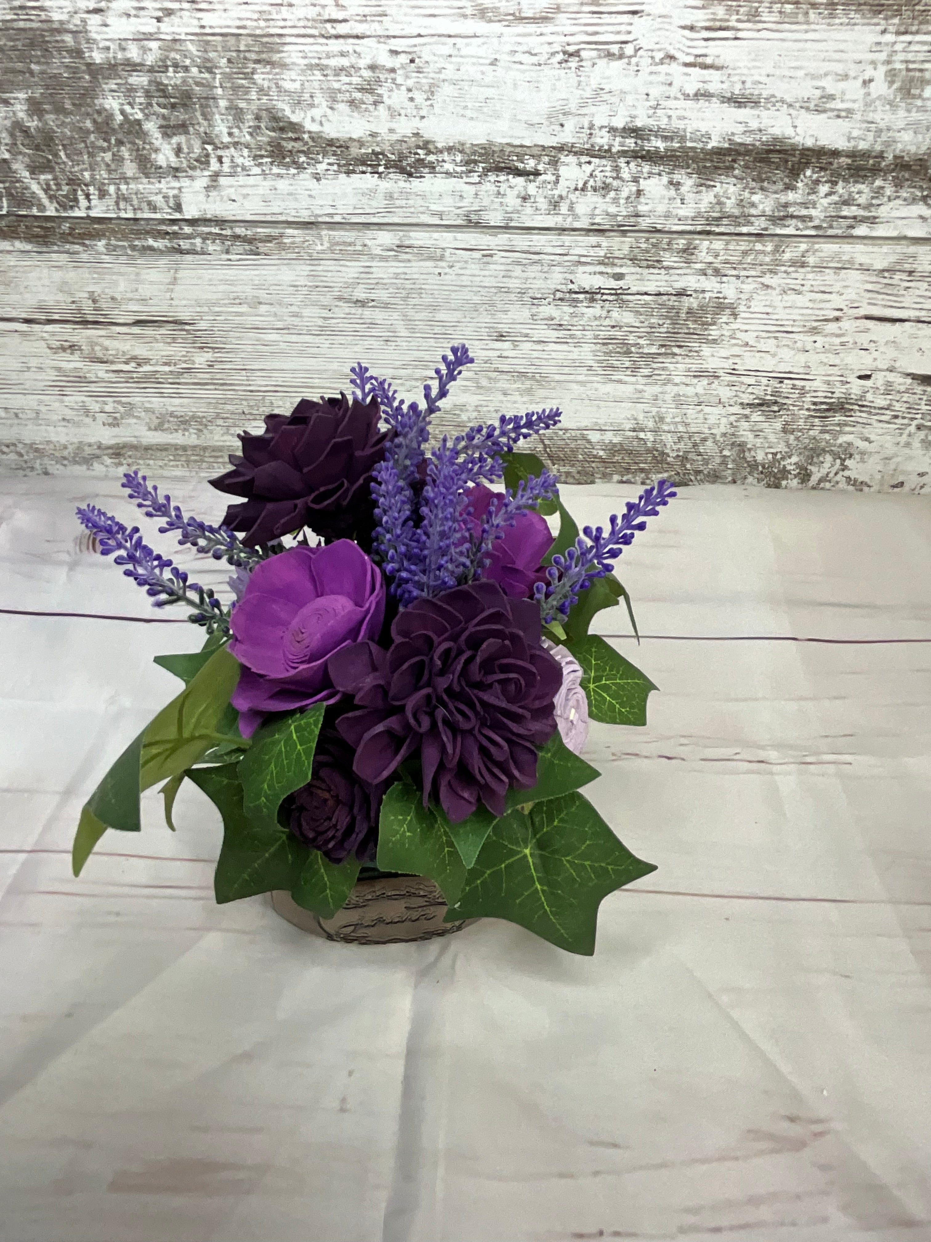 Purple Haze Sola Wood Flower Arrangement in Vintage Jar