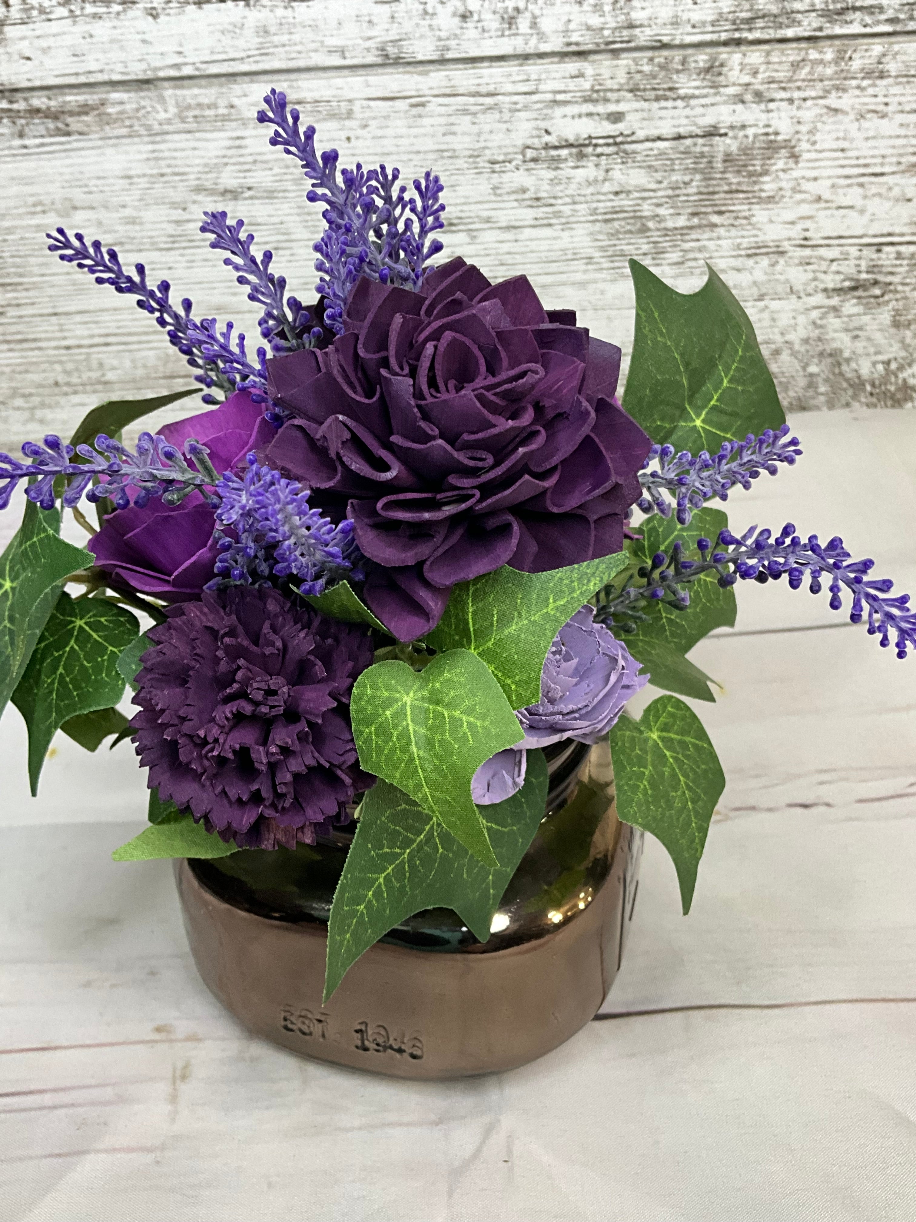 Purple Haze Sola Wood Flower Arrangement in Vintage Jar