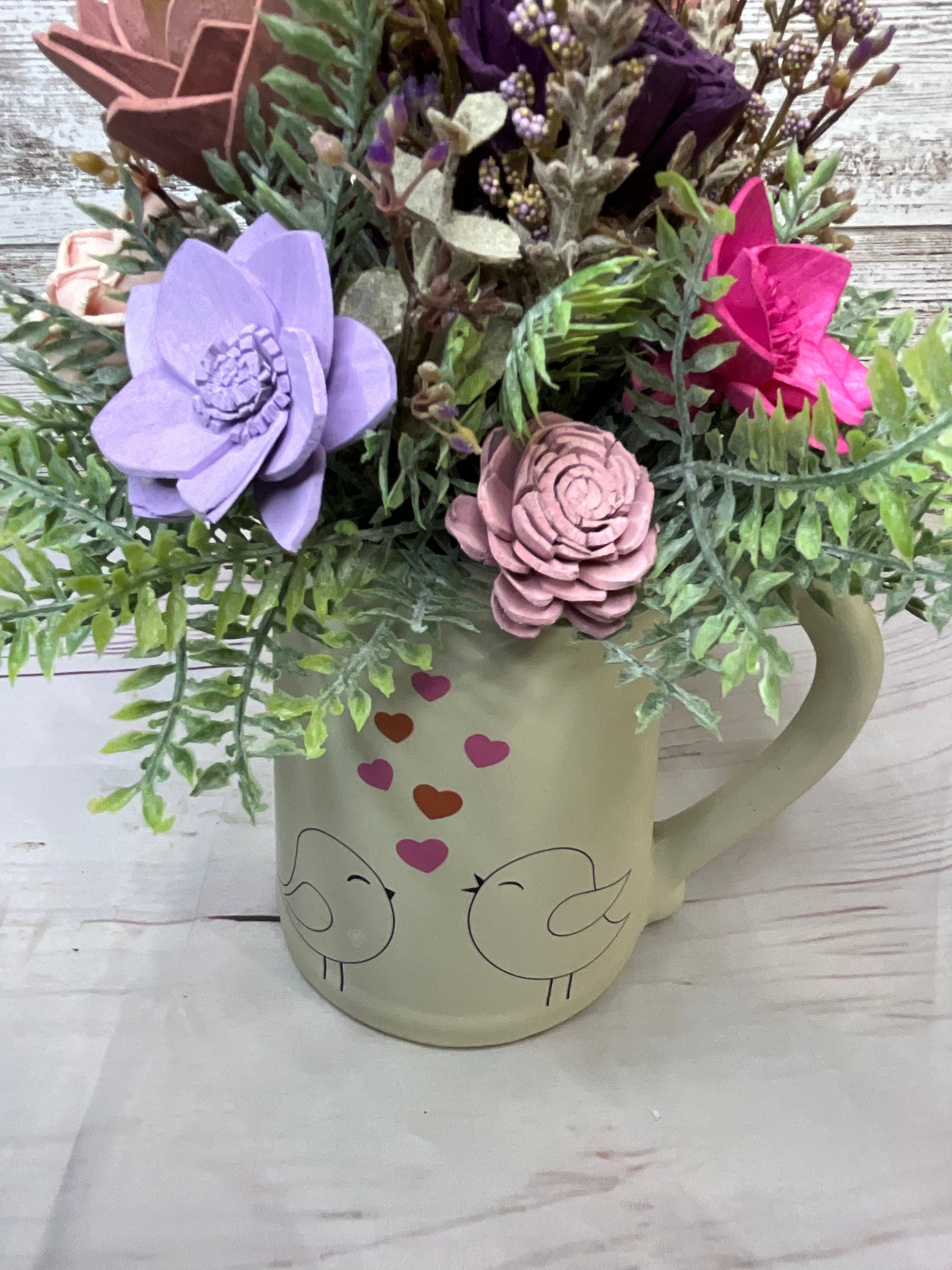 Lovebirds Garden Sola Wood Flower Arrangement in Whimsical Pitcher