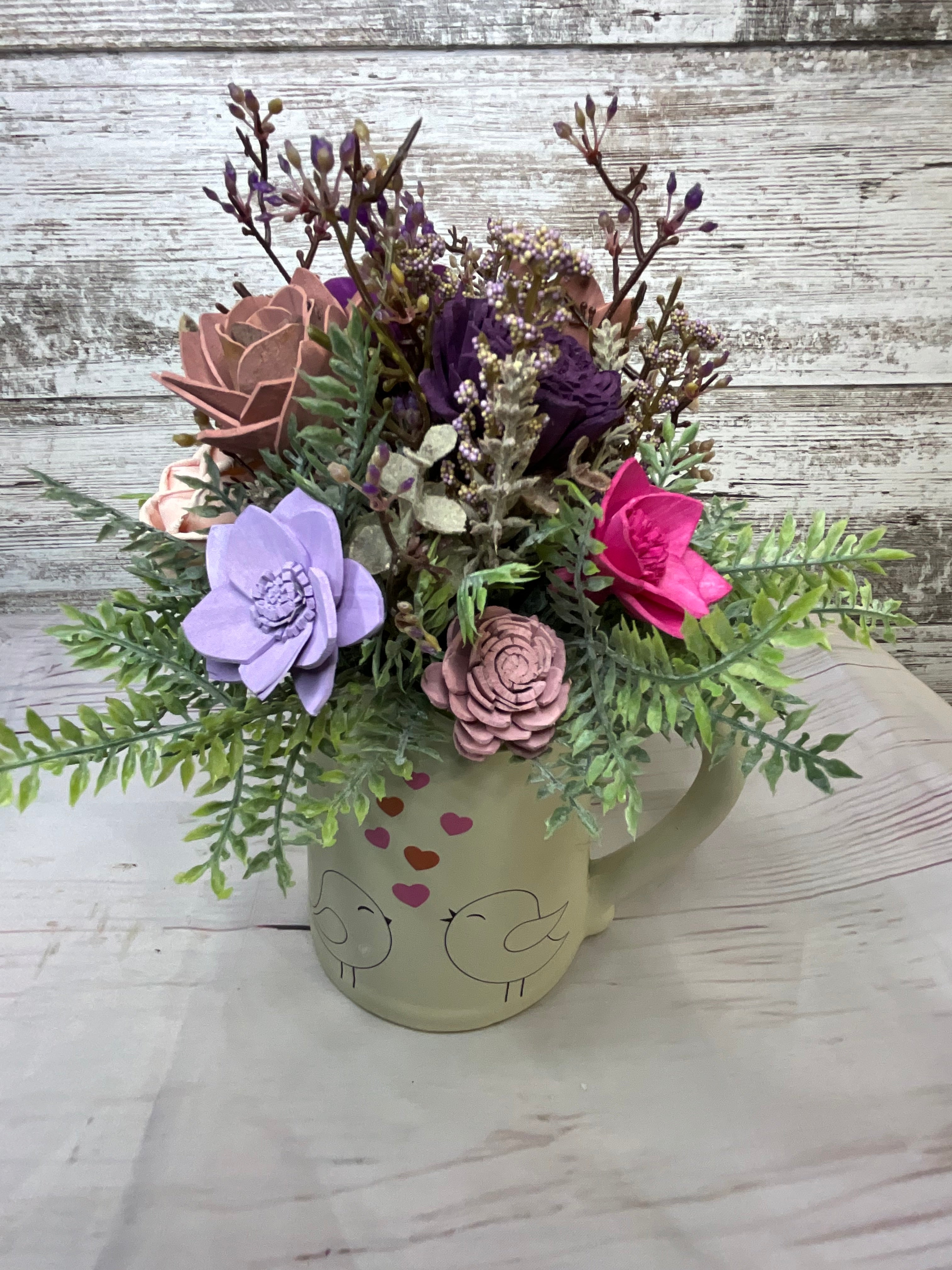 Lovebirds Garden Sola Wood Flower Arrangement in Whimsical Pitcher