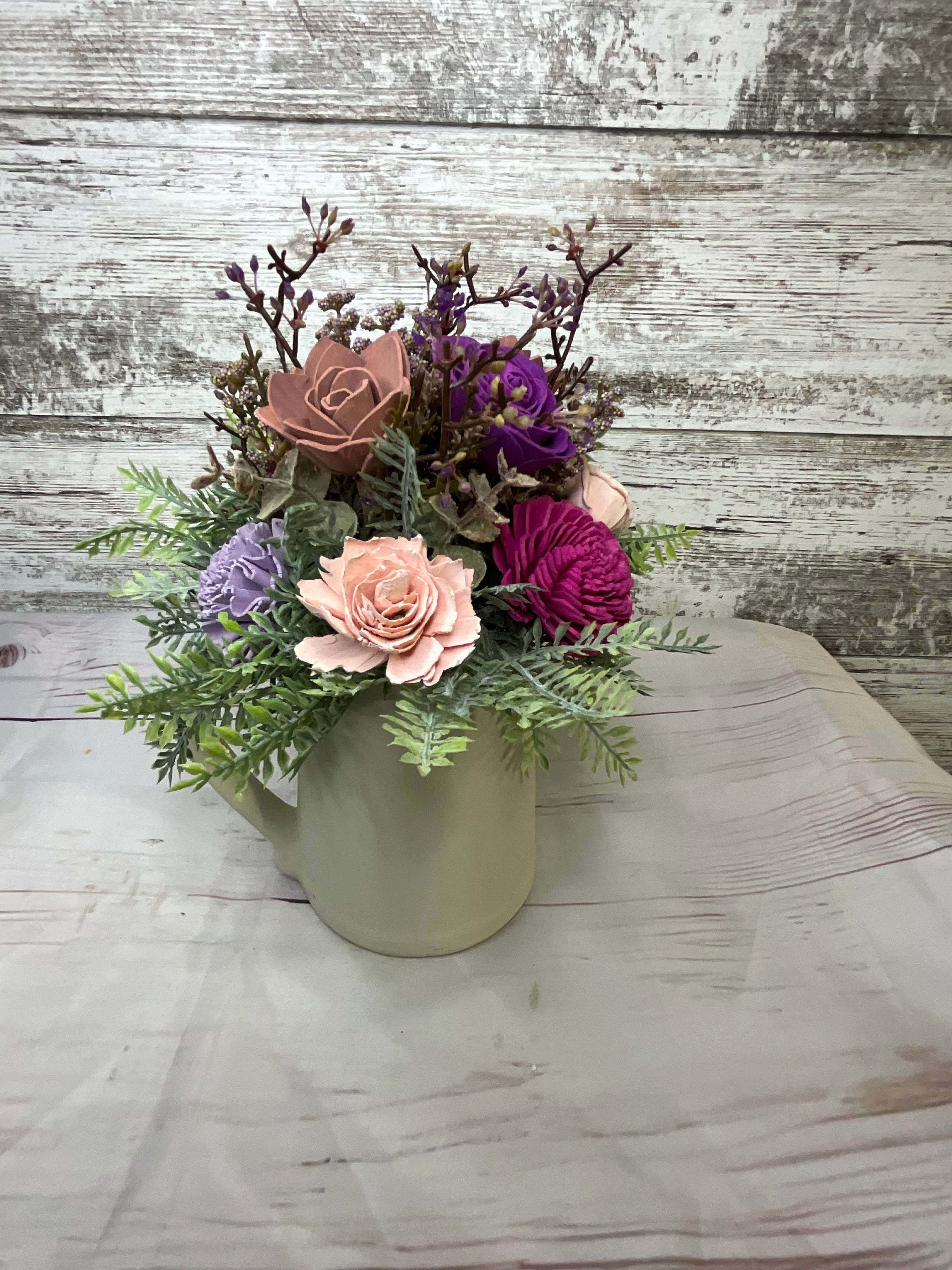 Lovebirds Garden Sola Wood Flower Arrangement in Whimsical Pitcher