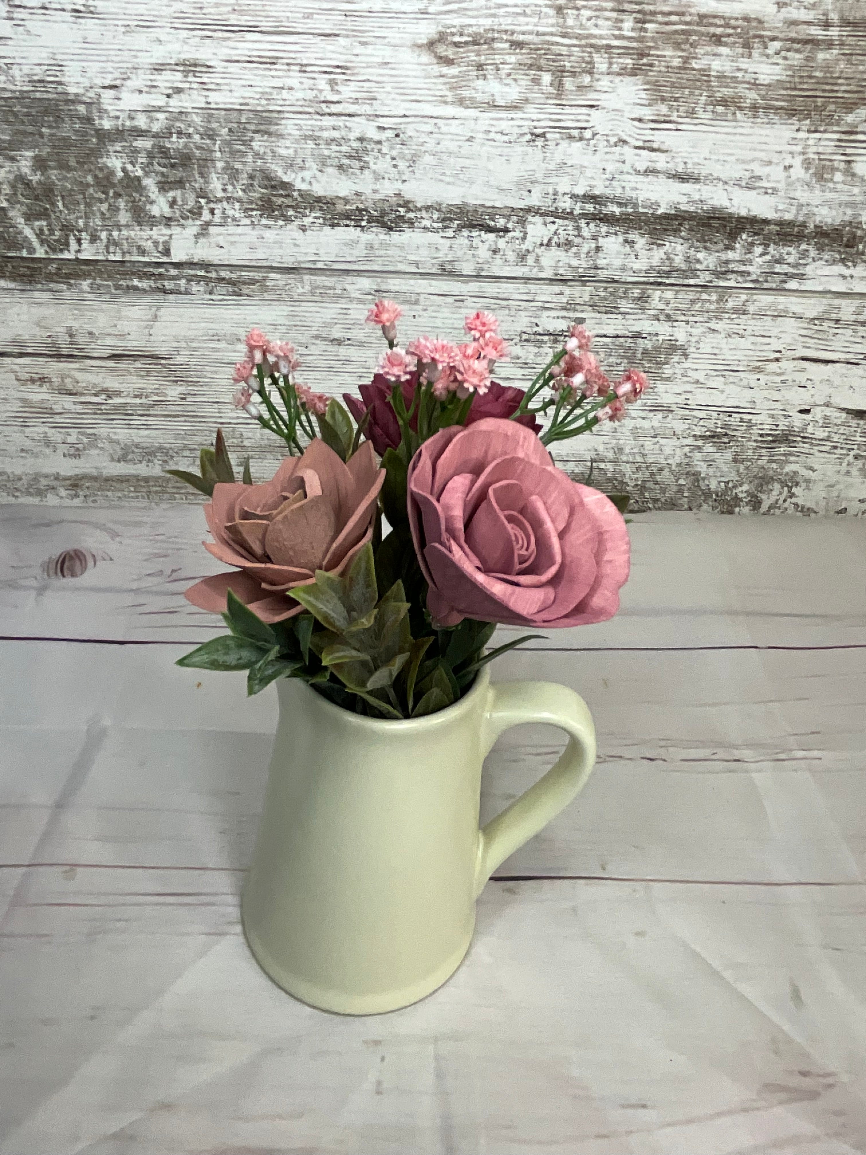 Mauve Romance Sola Wood Flower Arrangement in Cream Pitcher