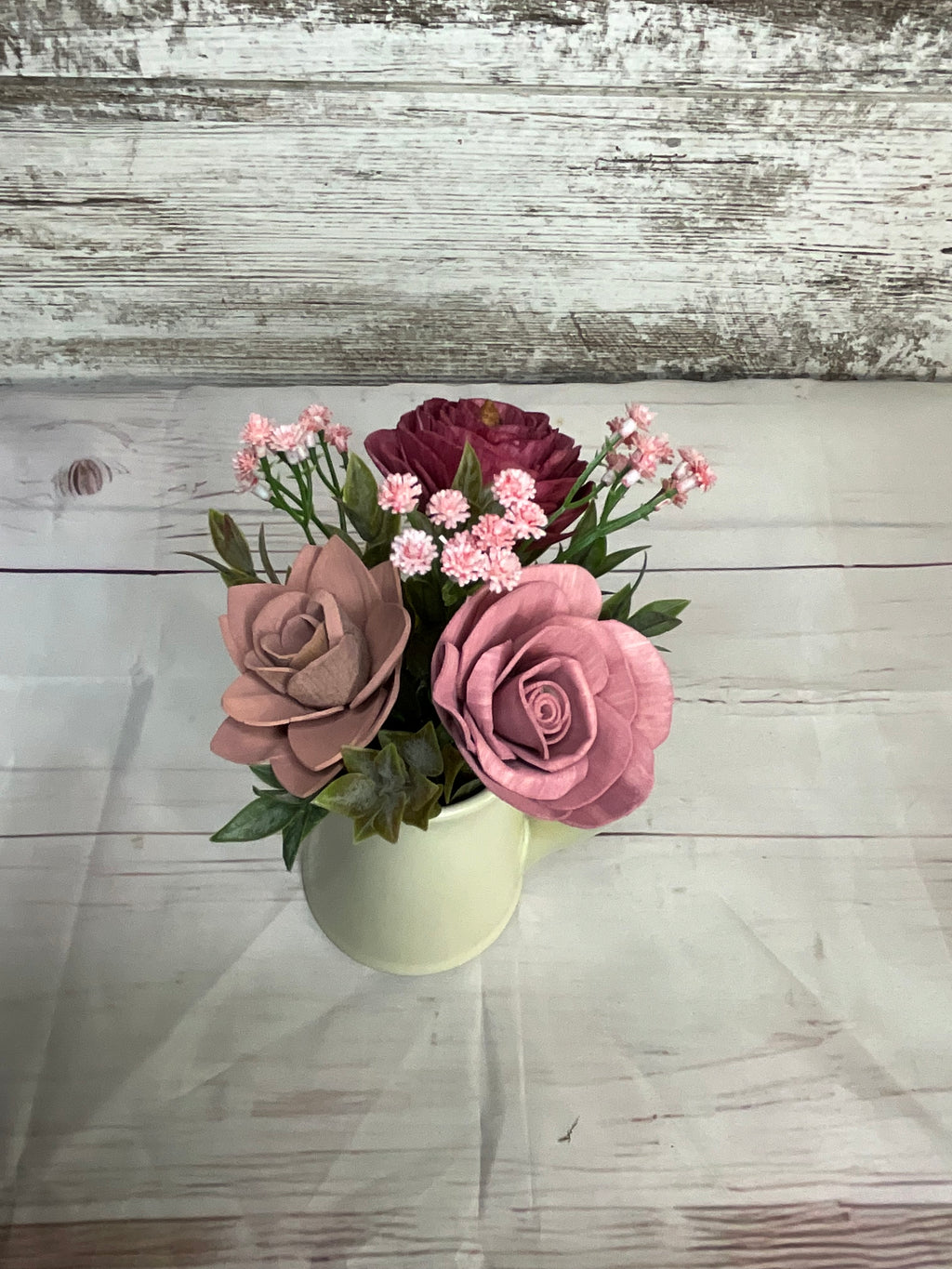 Mauve Romance Sola Wood Flower Arrangement in Cream Pitcher