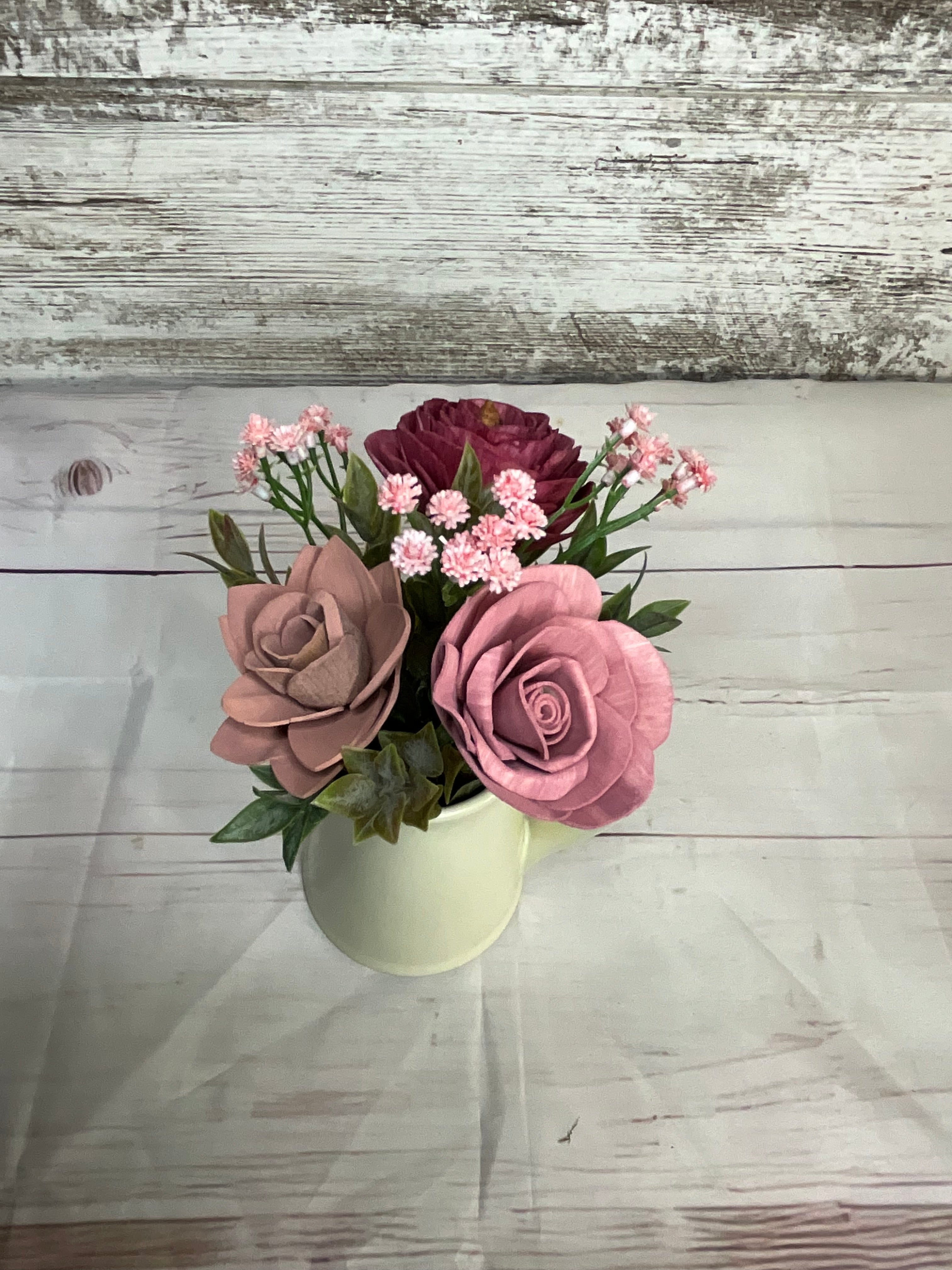 Mauve Romance Sola Wood Flower Arrangement in Cream Pitcher