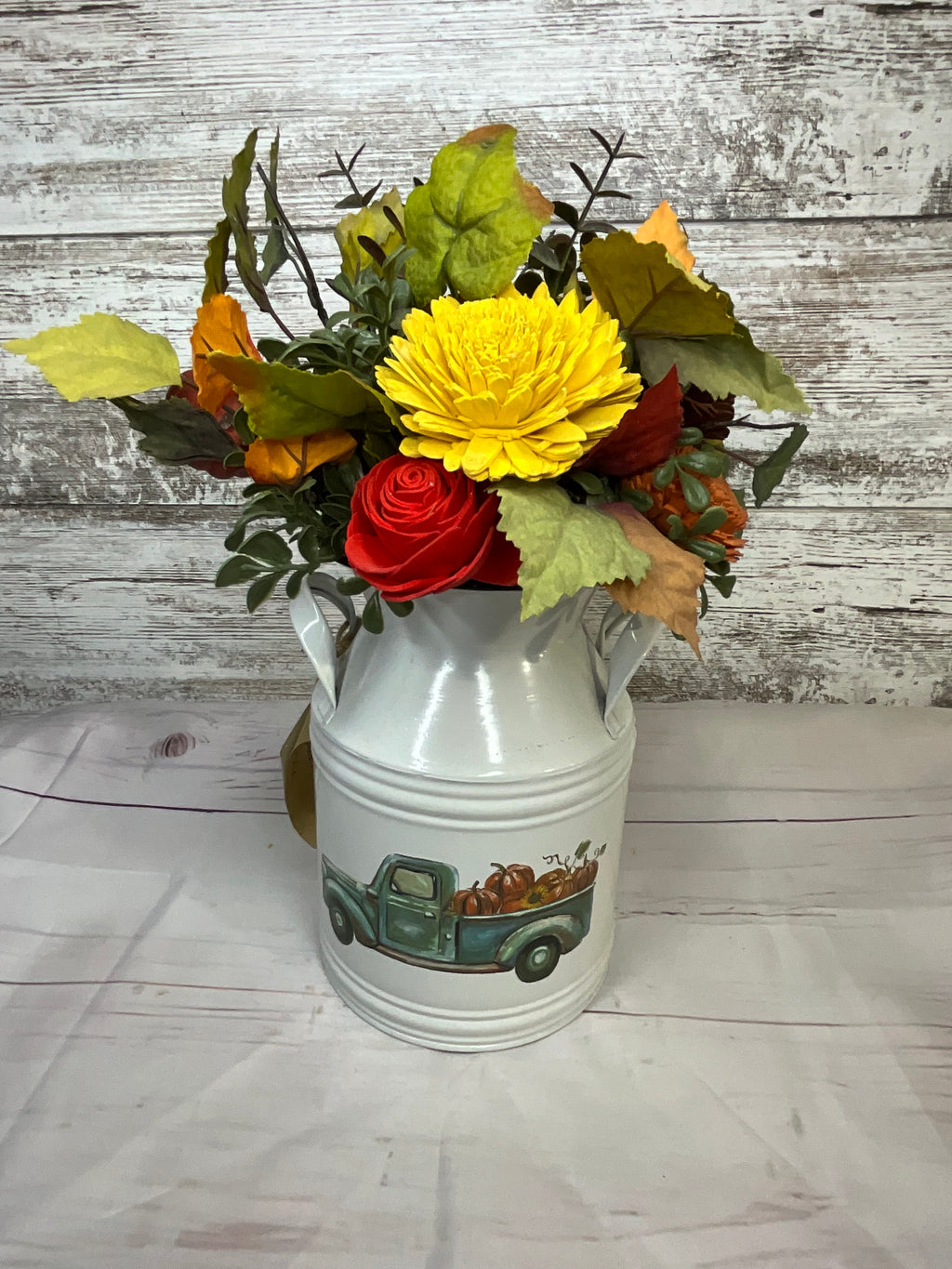 Harvest Truck Sola Wood Flower Arrangement in Vintage Milk Can