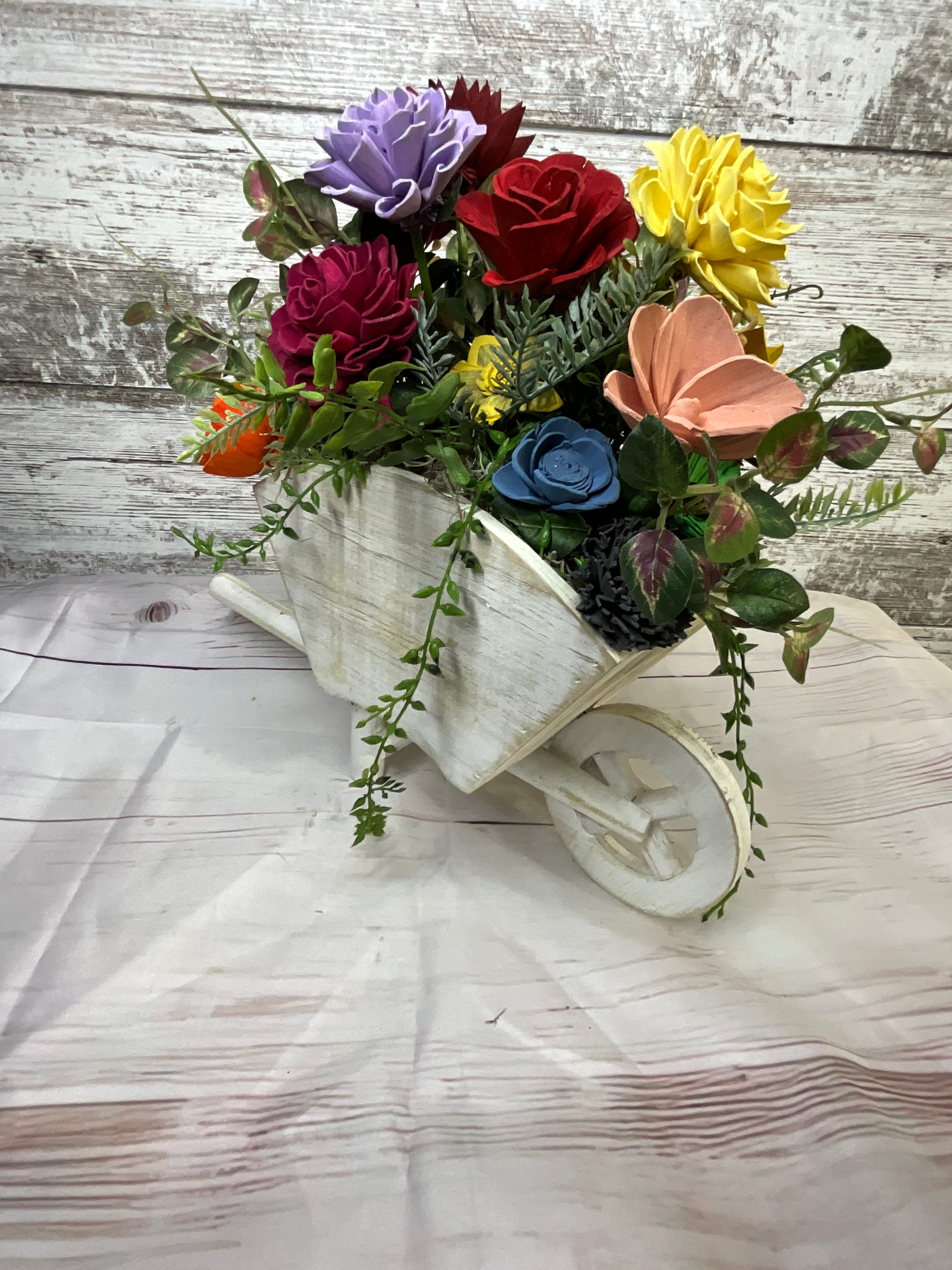 Rainbow Garden Wheelbarrow Sola Wood Flower Arrangement