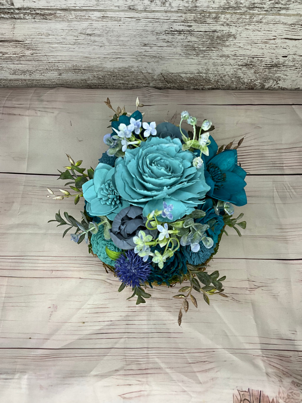 Teal Wicker Basket Sola Wood Flower Arrangement