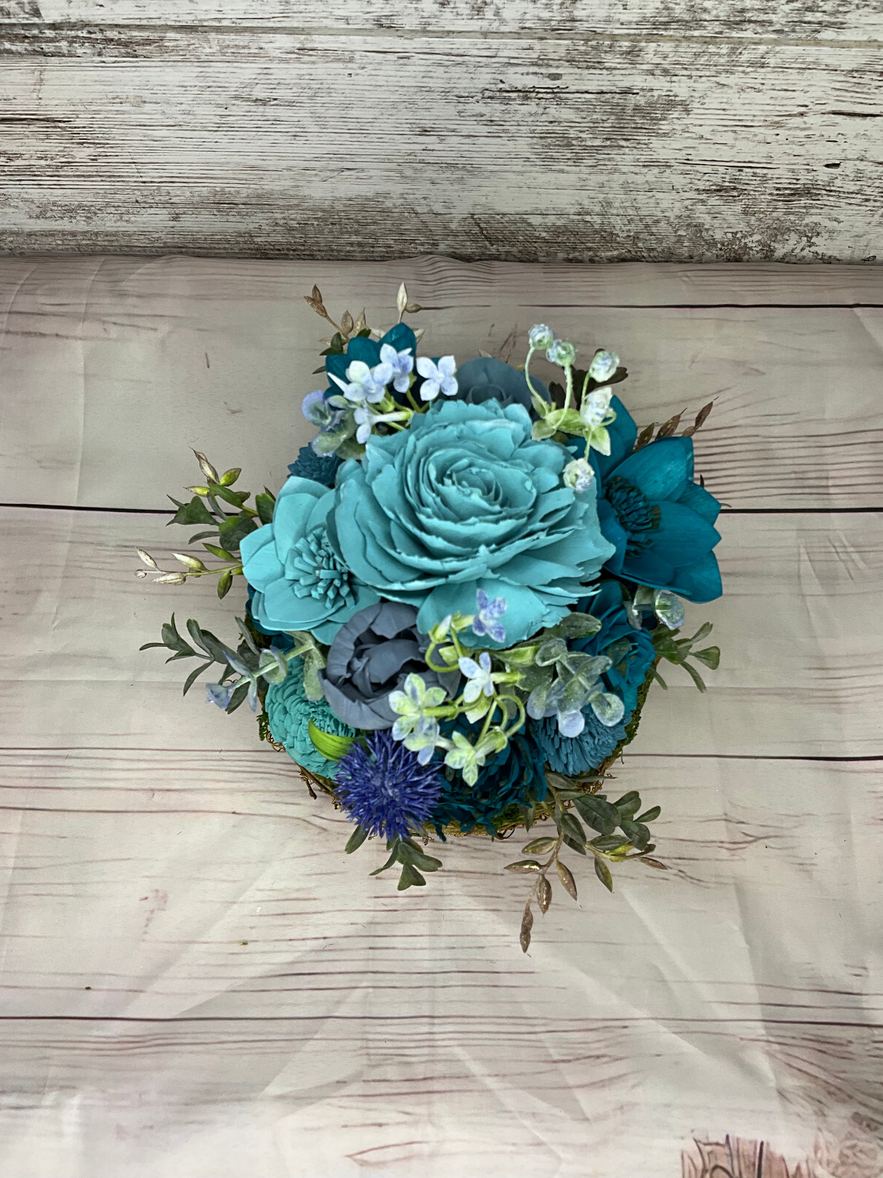 Teal Wicker Basket Sola Wood Flower Arrangement