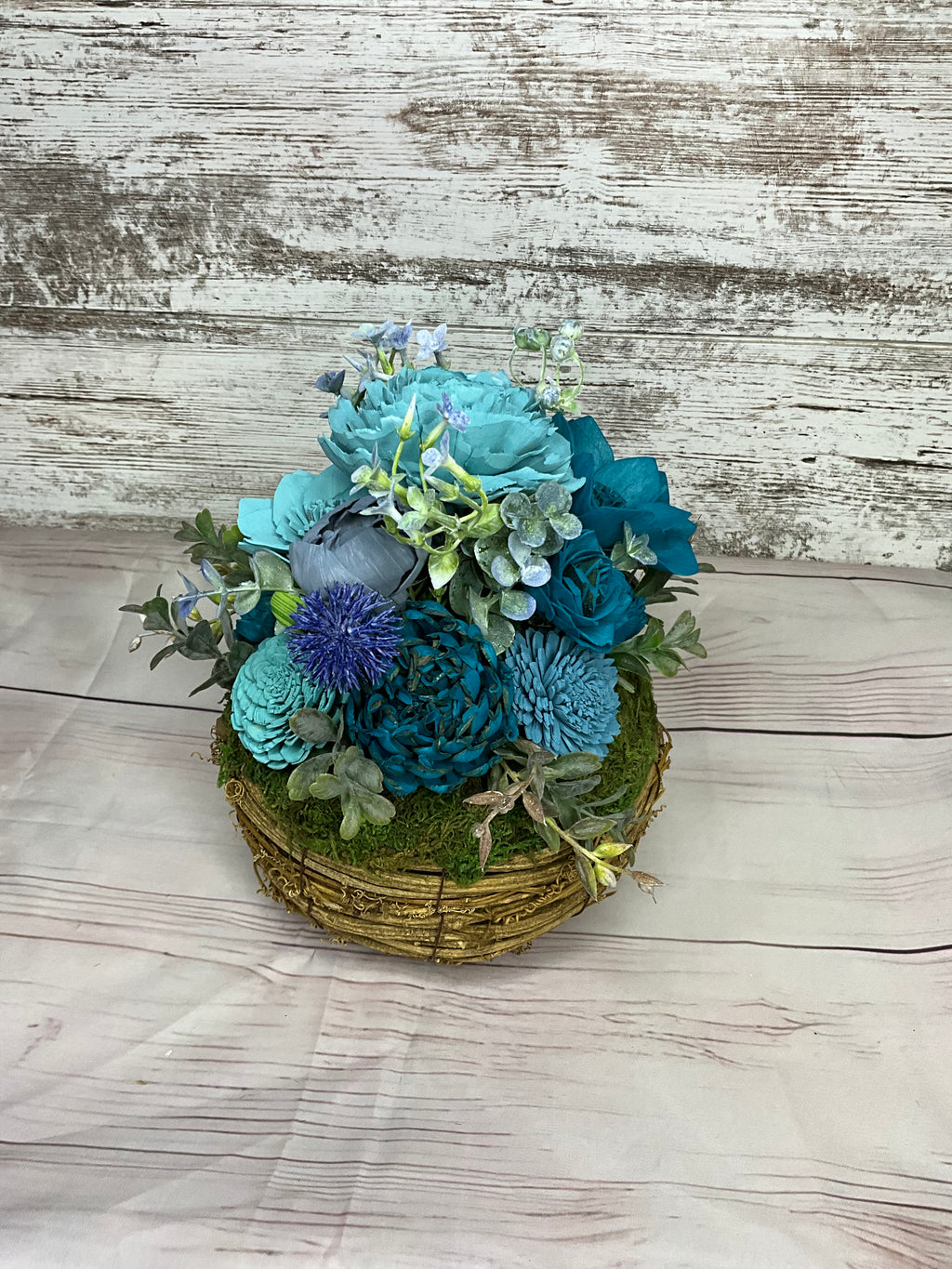 Teal Wicker Basket Sola Wood Flower Arrangement