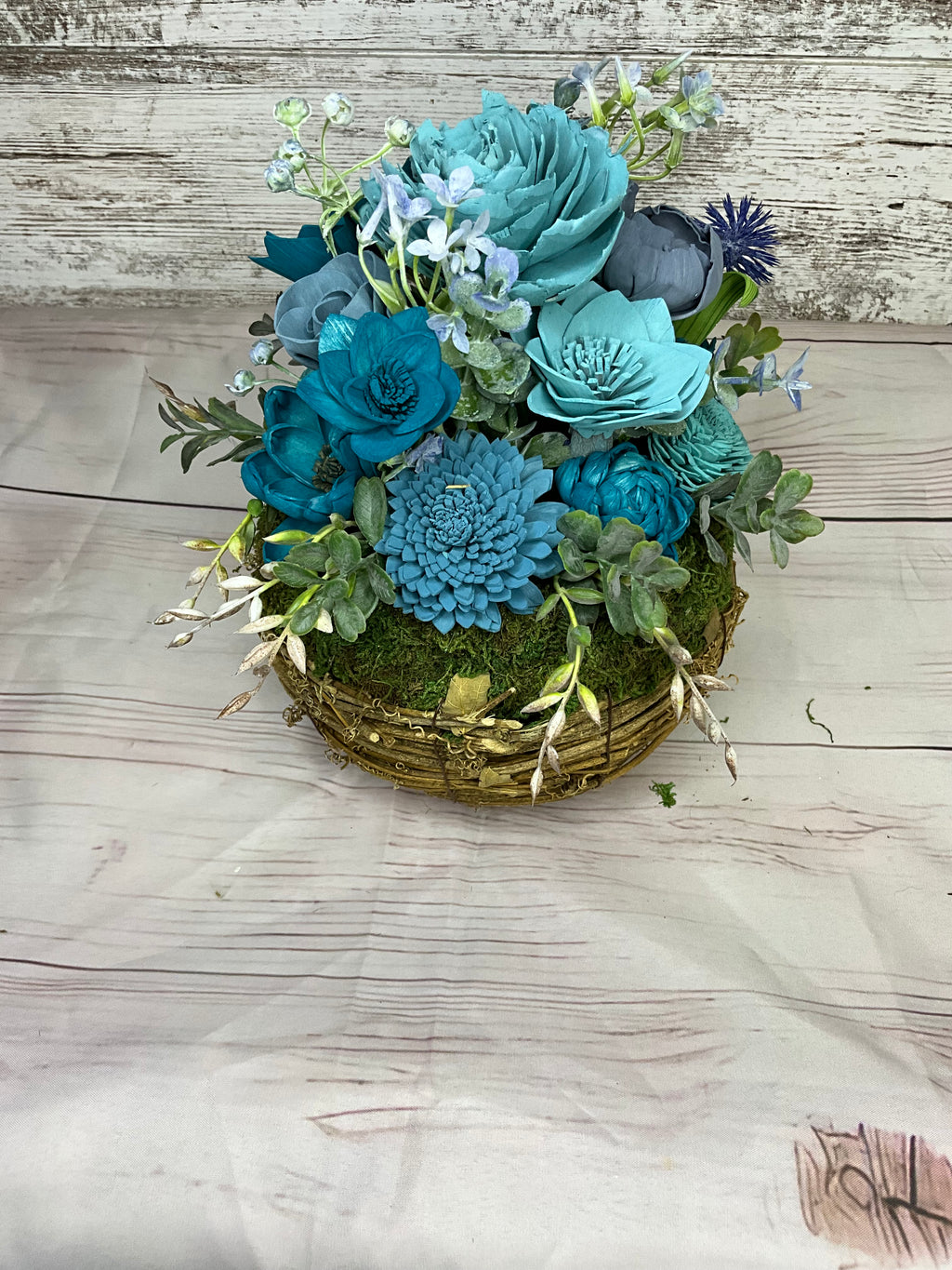 Teal Wicker Basket Sola Wood Flower Arrangement