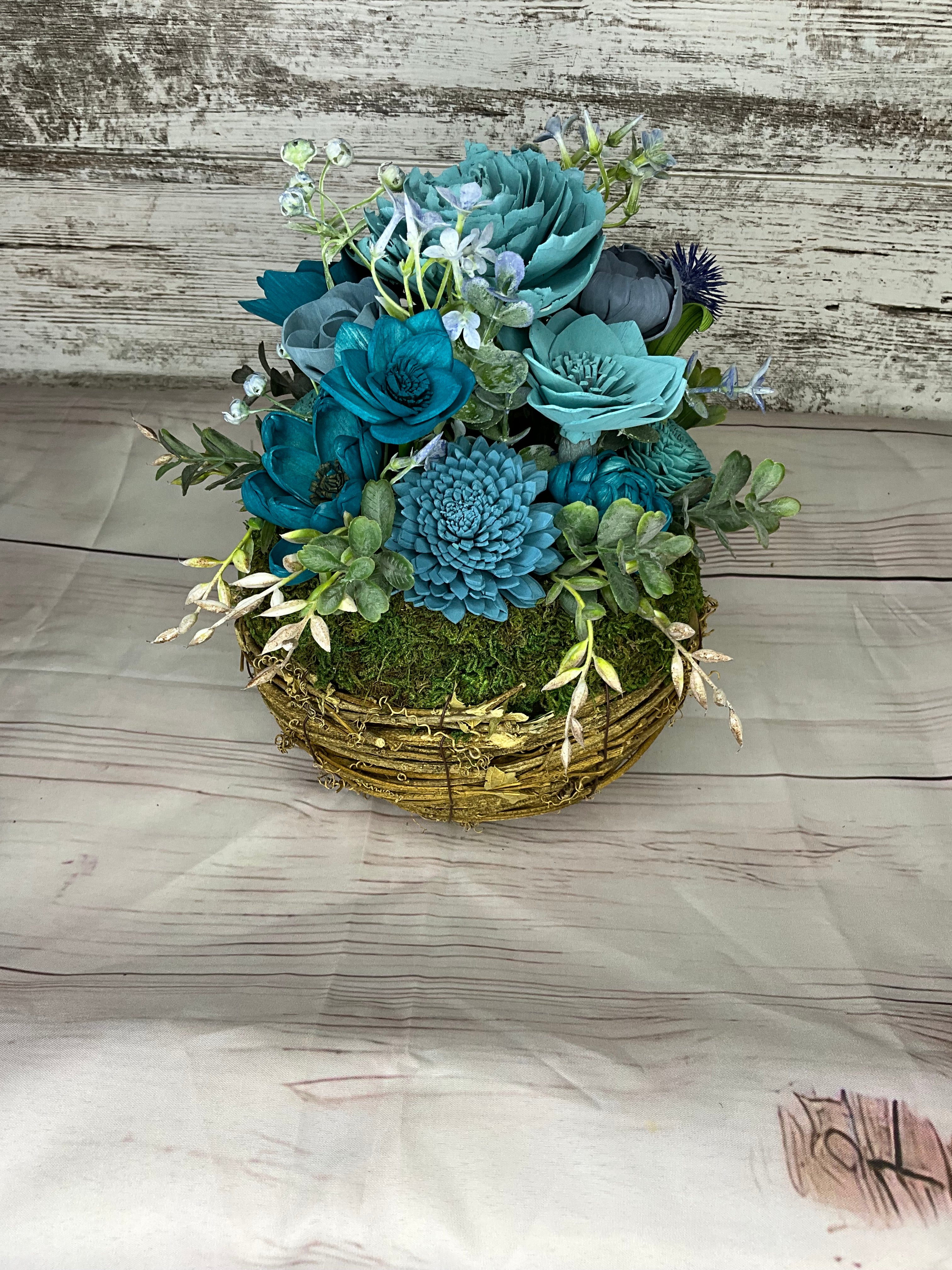 Teal Wicker Basket Sola Wood Flower Arrangement