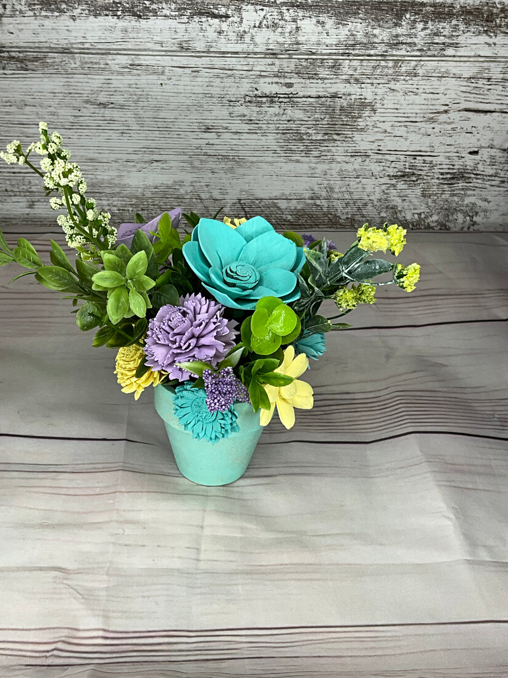 Spring Garden Sola Wood Flower Arrangement in Mint Pot