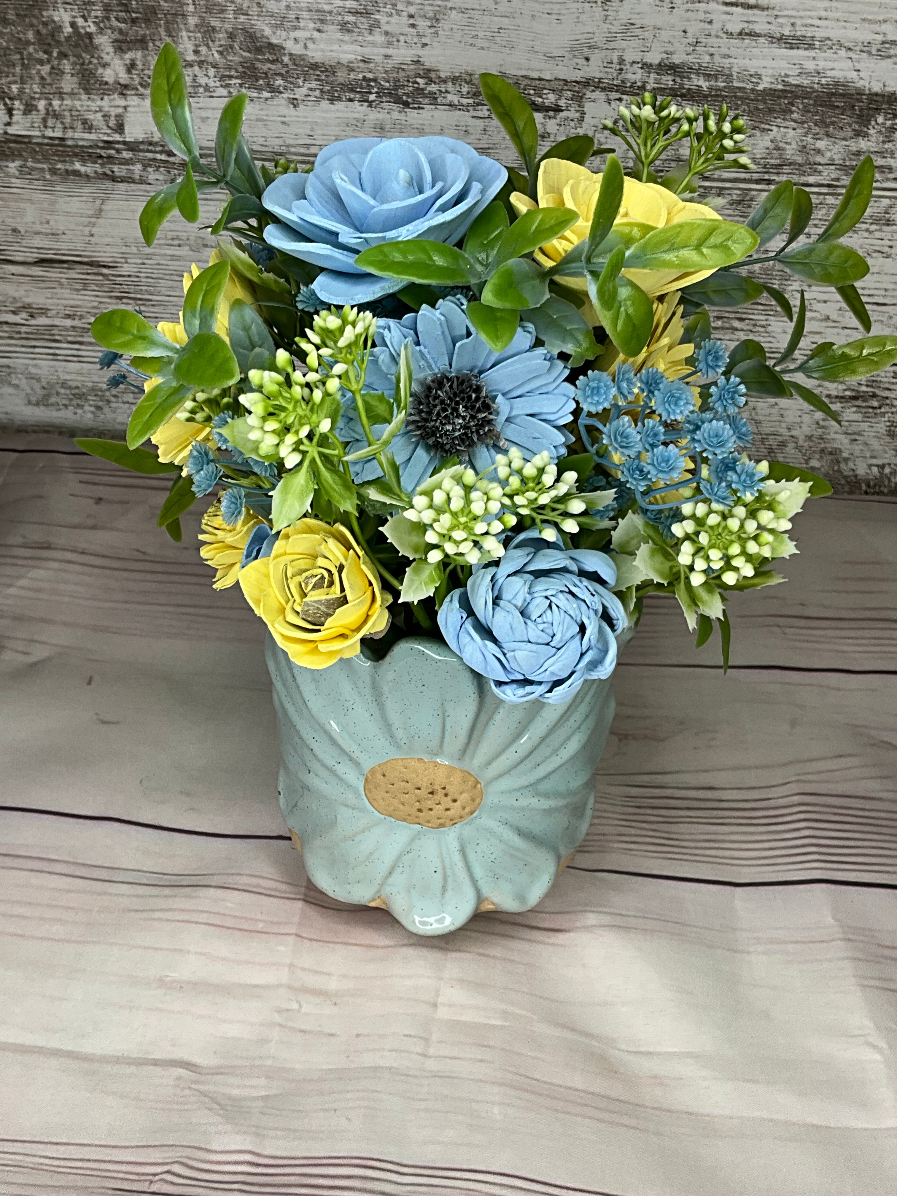 Coastal Breeze - Blue & Yellow Sola Wood Flower Arrangement