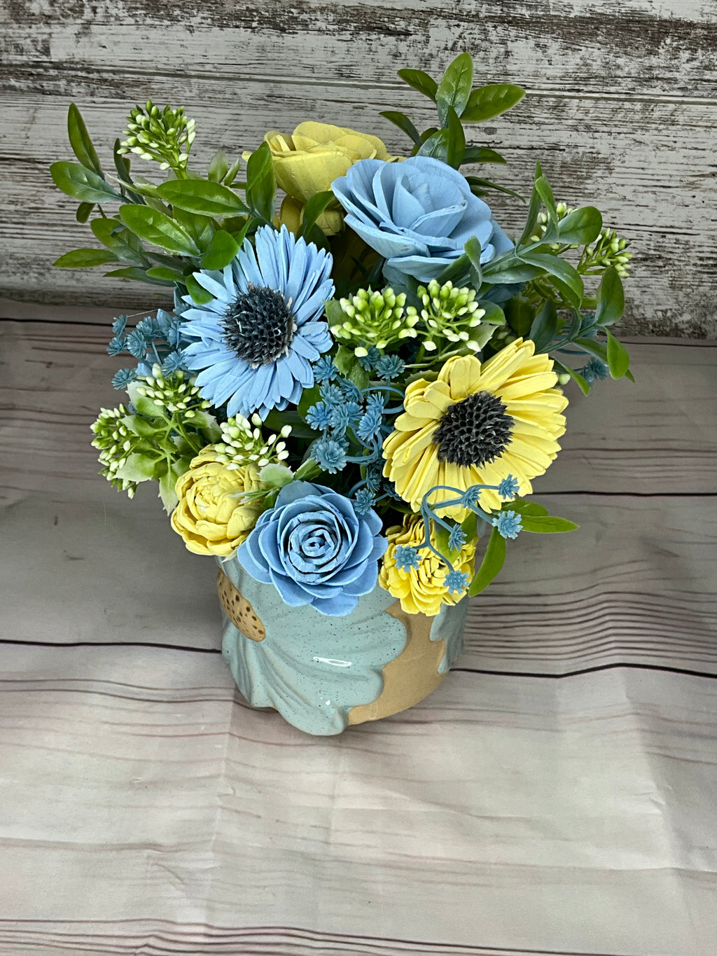 Coastal Breeze - Blue & Yellow Sola Wood Flower Arrangement