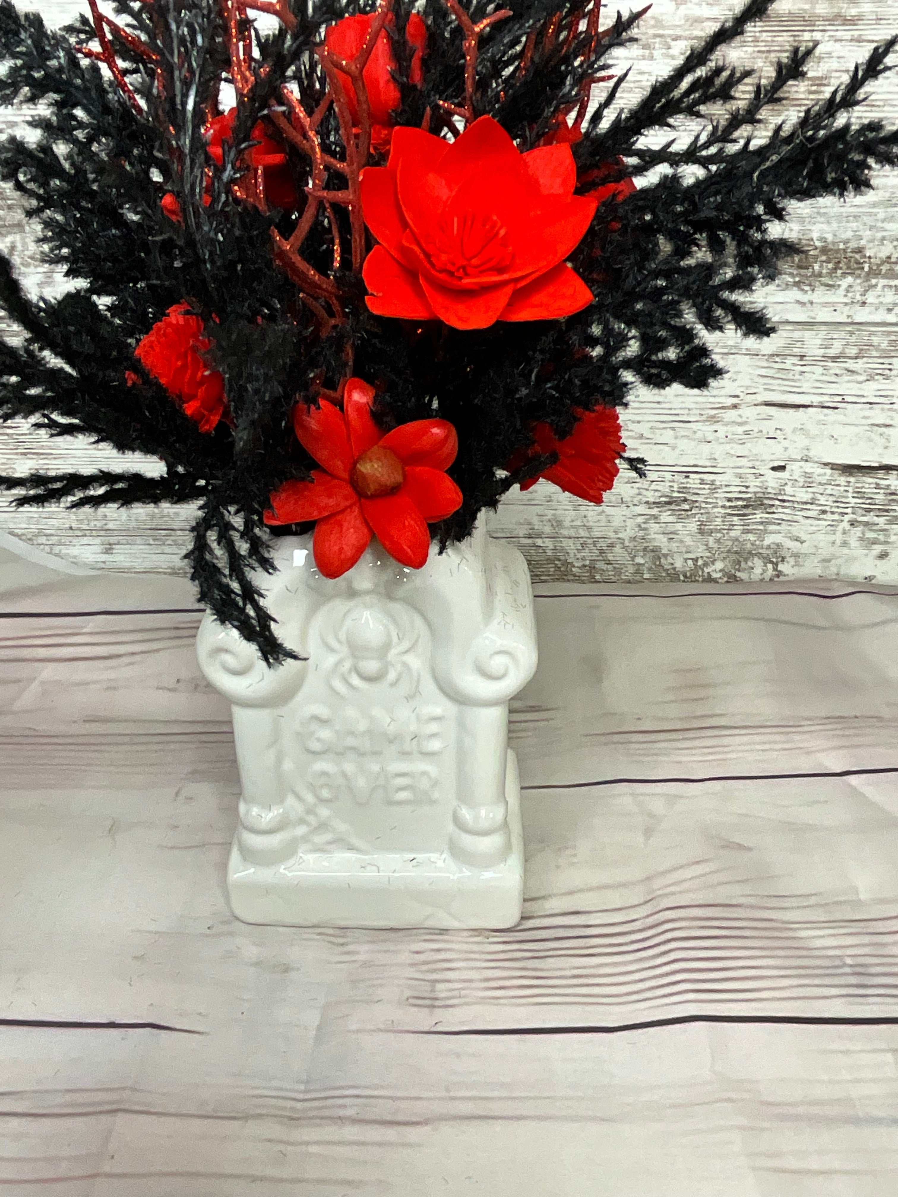 Gothic Tombstone Halloween Arrangement - Red & Black
