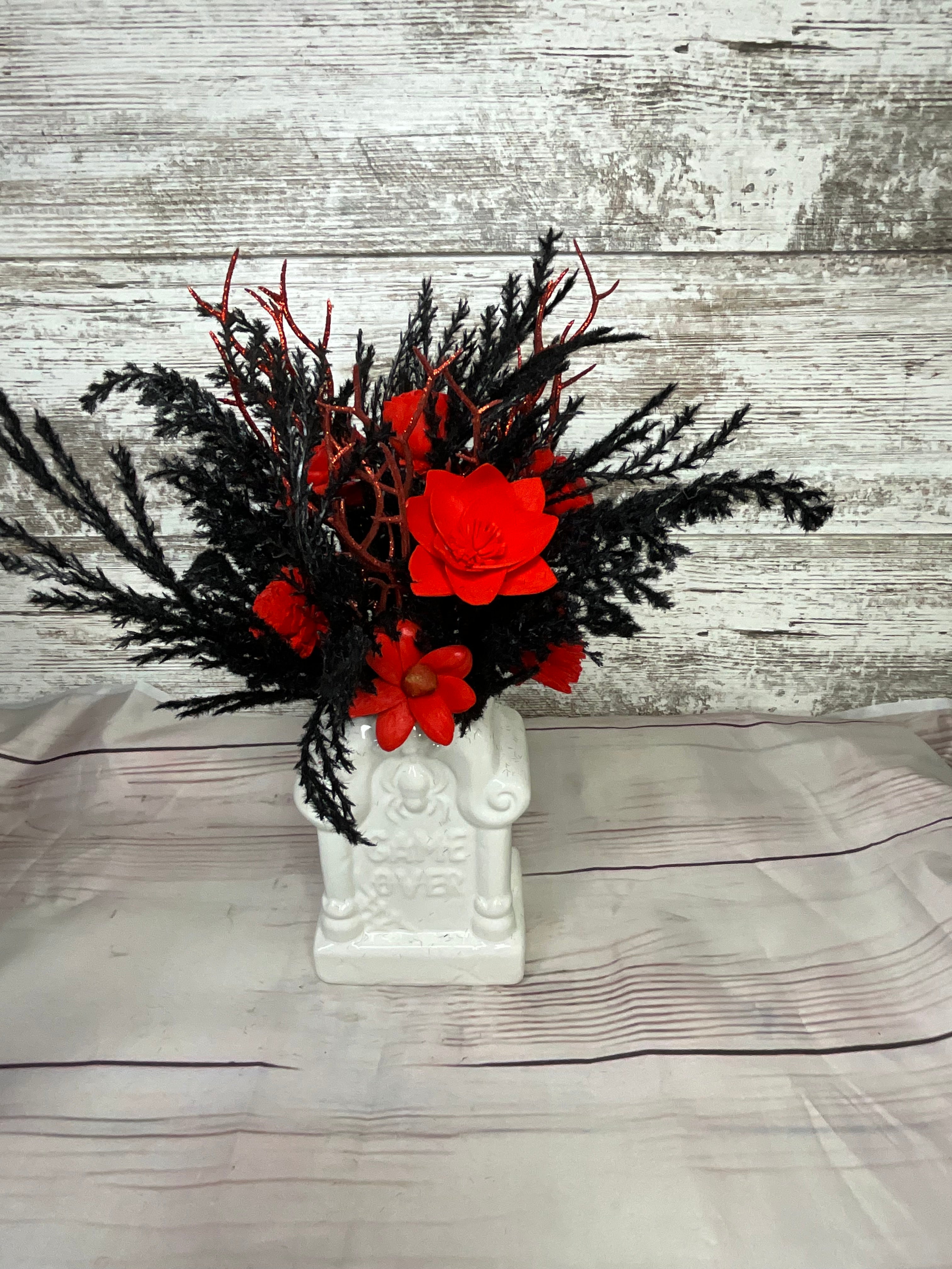 Gothic Tombstone Halloween Arrangement - Red & Black