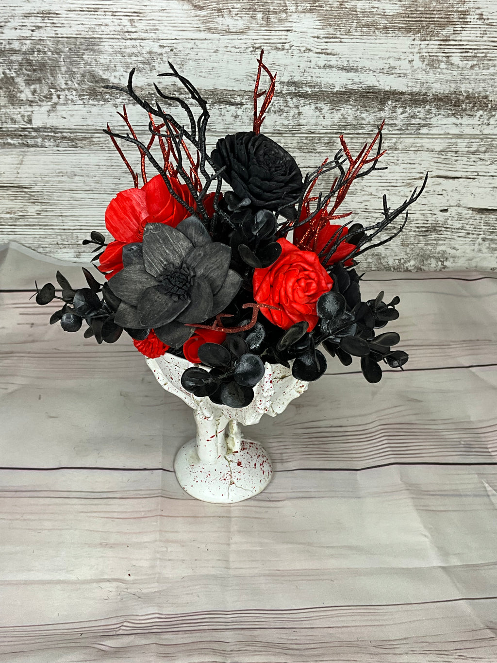 Gothic Skull Hand Goblet Halloween Arrangement - Red & Black