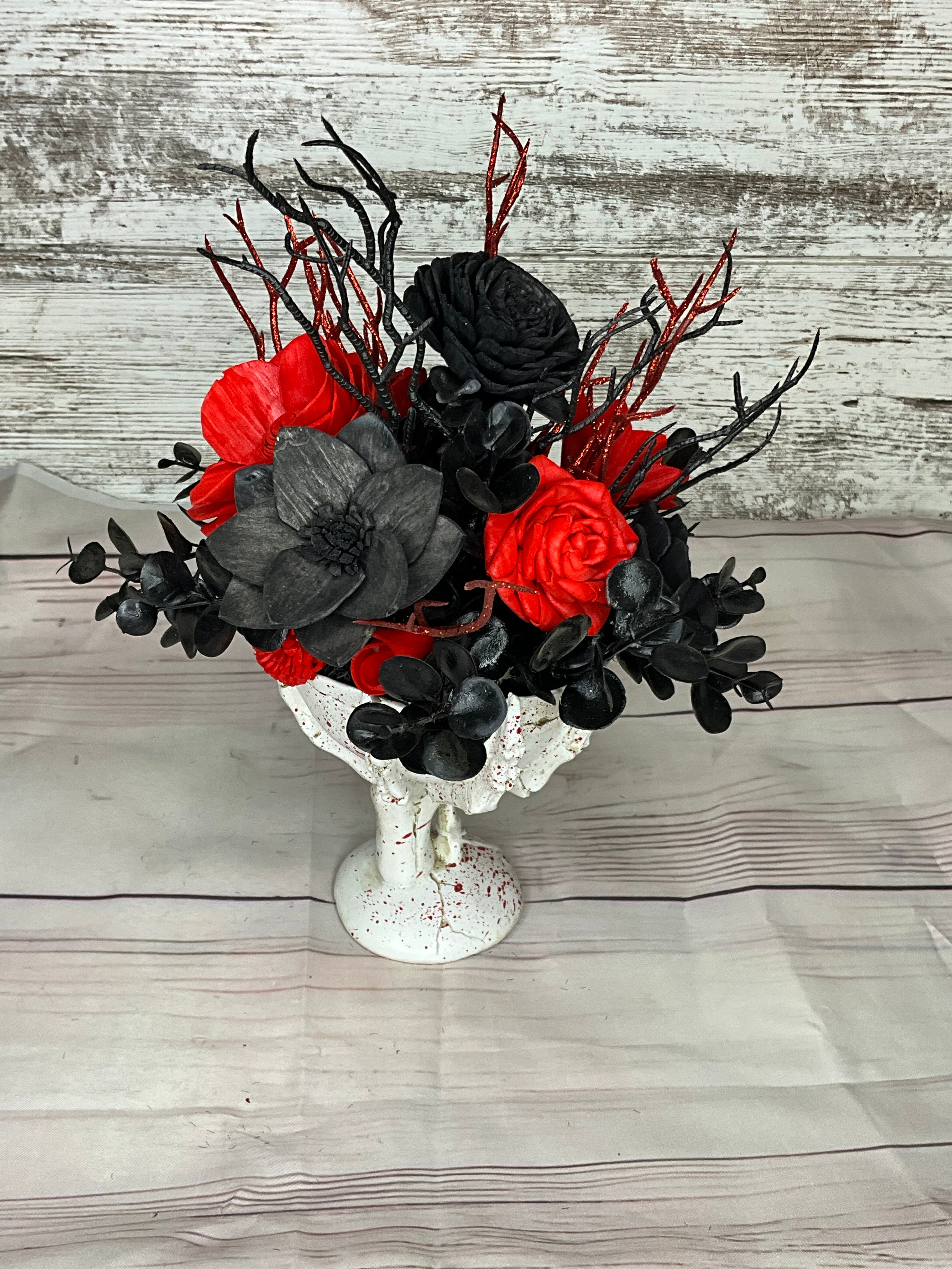 Gothic Skull Hand Goblet Halloween Arrangement - Red & Black