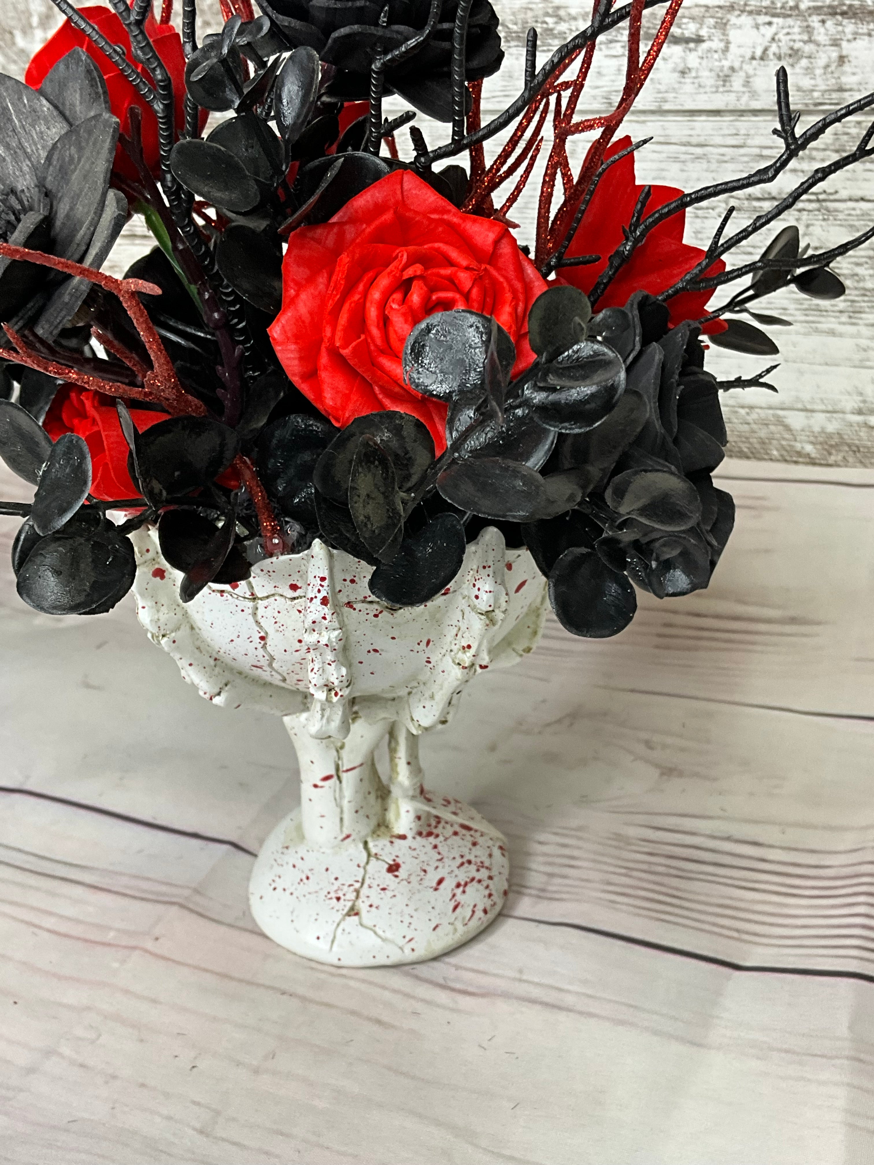 Gothic Skull Hand Goblet Halloween Arrangement - Red & Black