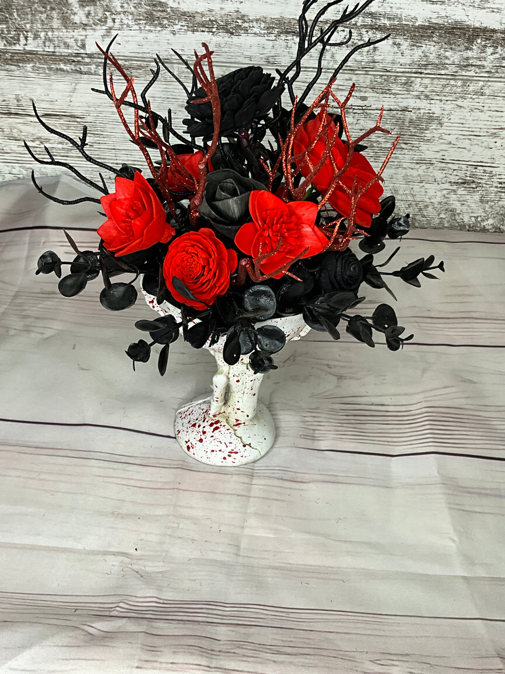 Gothic Skull Hand Goblet Halloween Arrangement - Red & Black