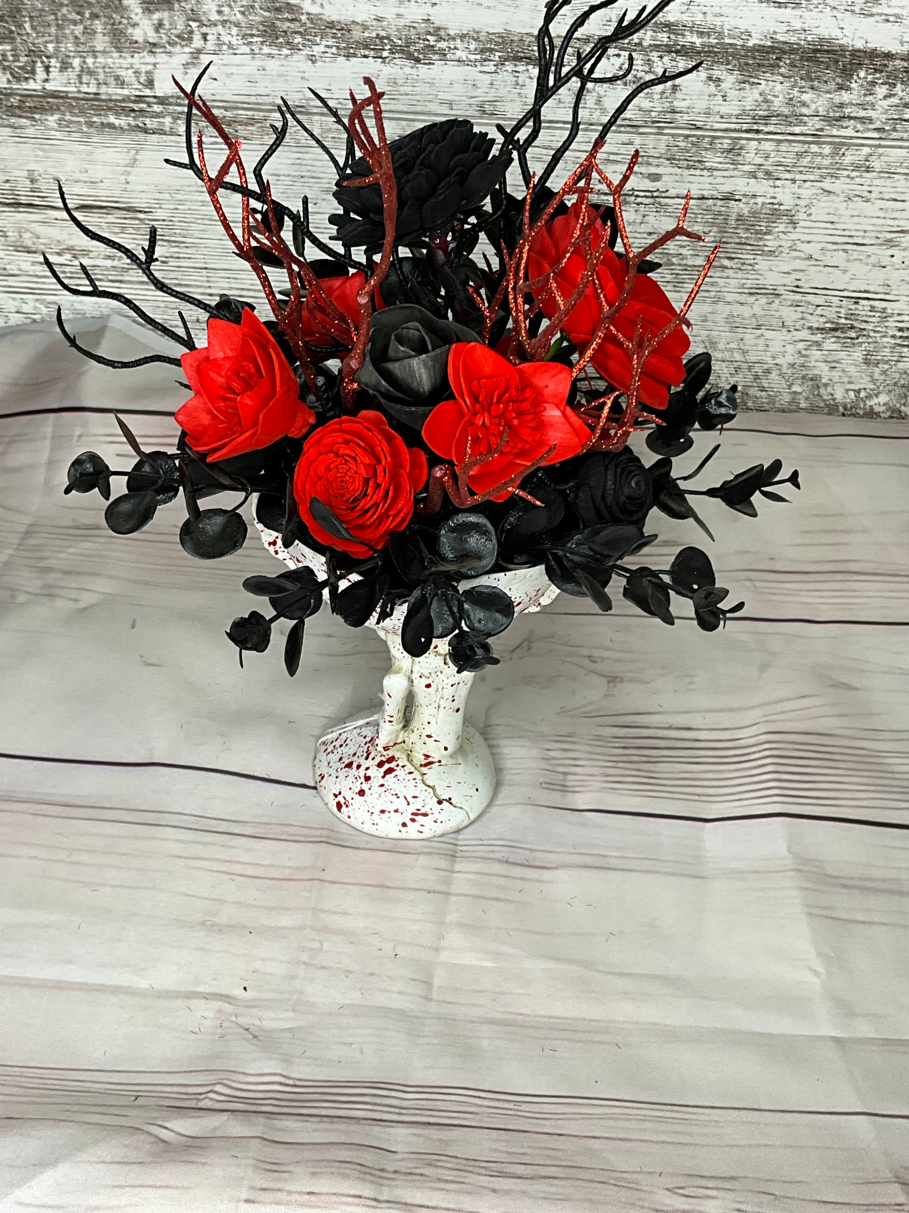 Gothic Skull Hand Goblet Halloween Arrangement - Red & Black