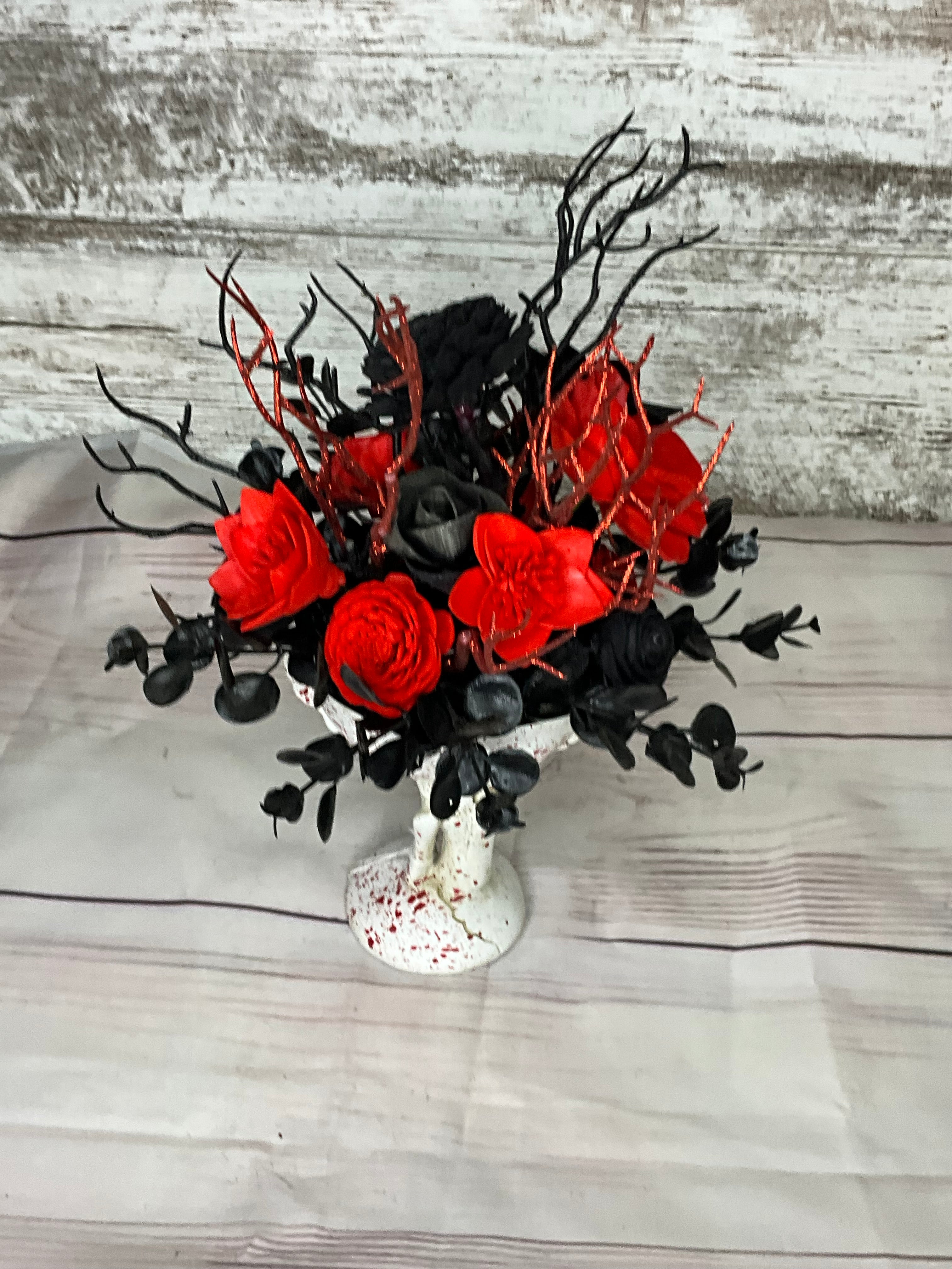 Gothic Skull Hand Goblet Halloween Arrangement - Red & Black