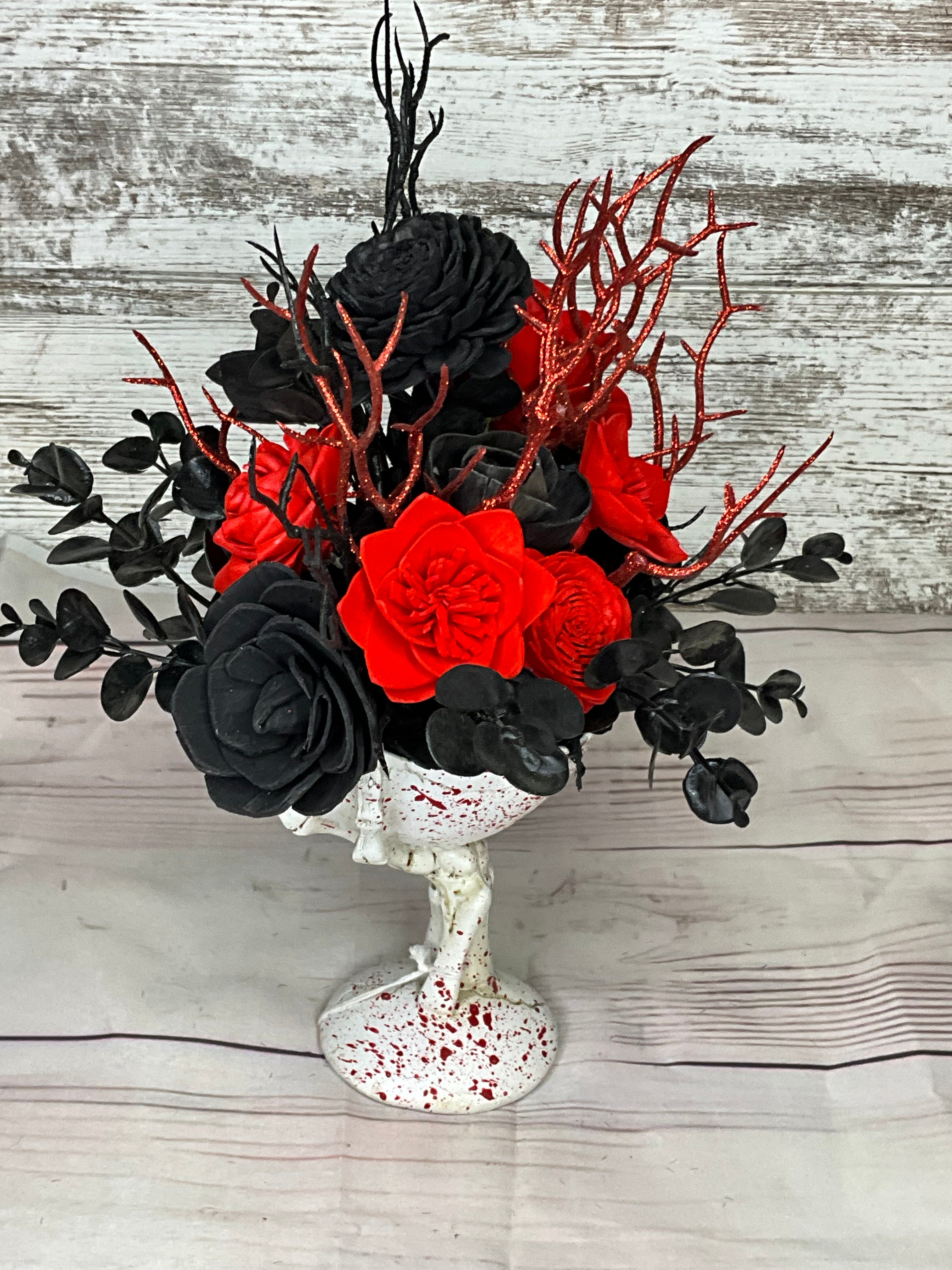 Gothic Skull Hand Goblet Halloween Arrangement - Red & Black