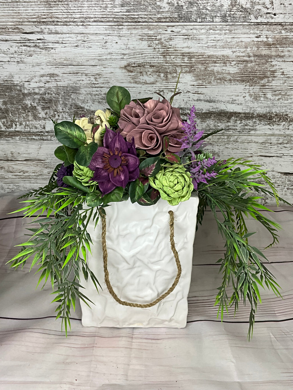 Succulent Garden Arrangement in White Textured Bag Vase